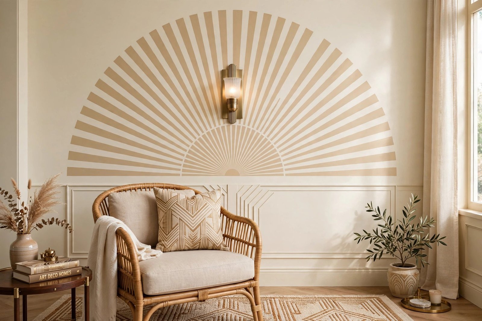Living room wall with a large painted fan arch in warm beige behind a brass wall sconce, art deco revival interior