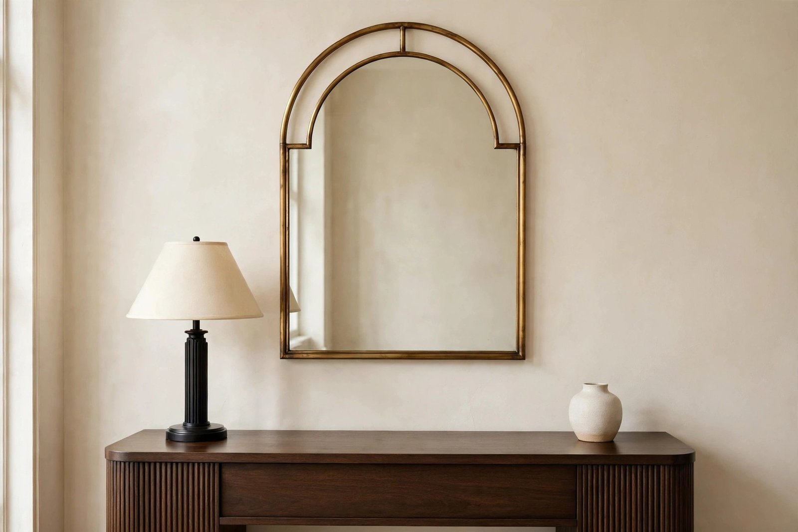 Minimal styled art deco console vignette with arched brass mirror, single lamp and small vase, curated edited look