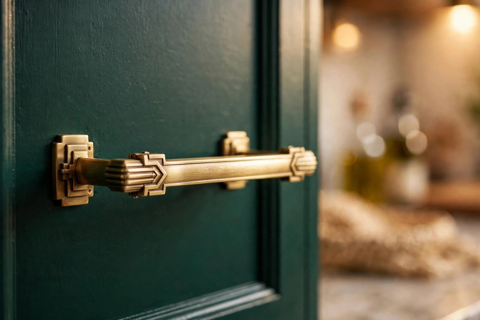 Close-up of brushed brass cabinet pulls on a dark green cabinet door, art deco hardware detail