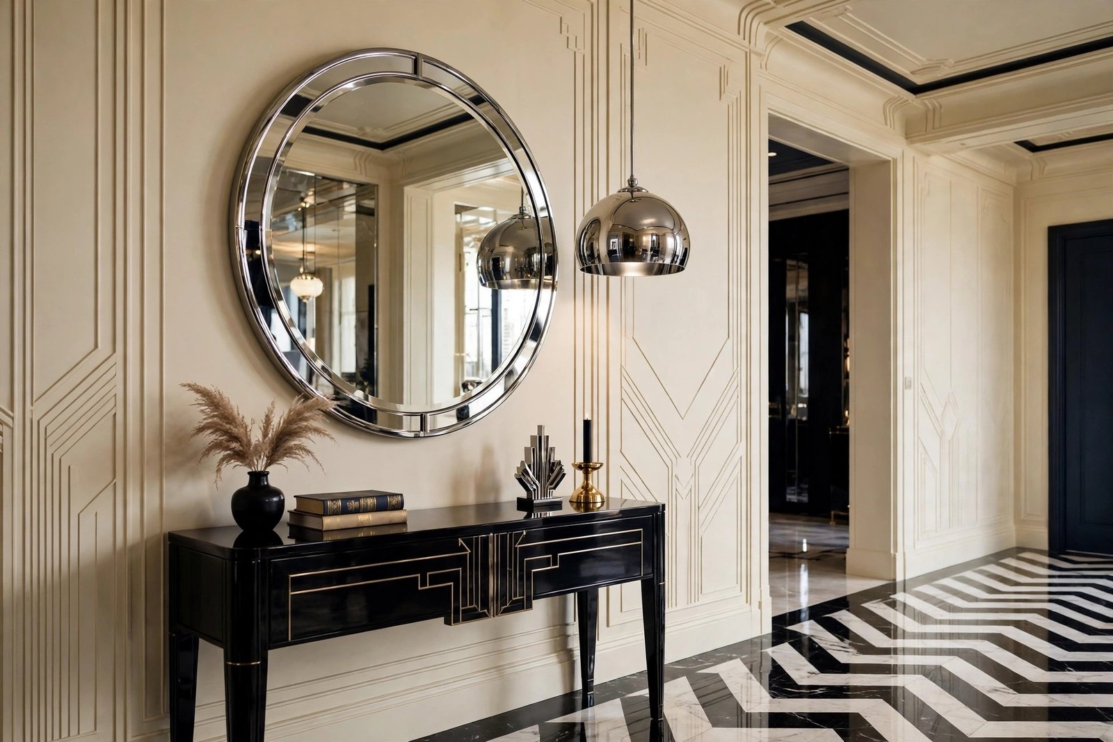 Chrome-framed round mirror and chrome pendant light in a cream art deco style hallway, reflective metallic decor
