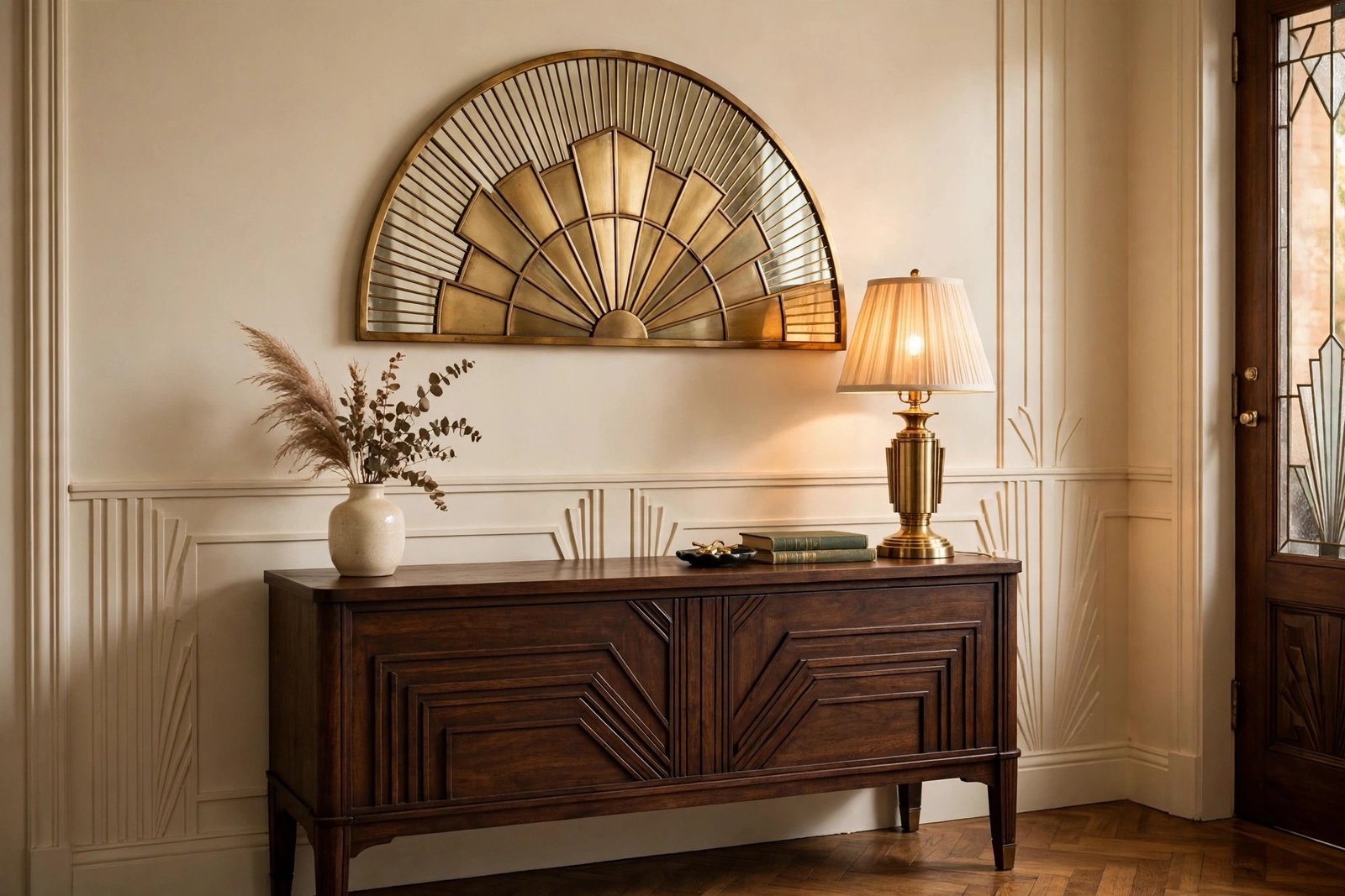 Brass fan-arch arched mirror hanging above a dark wood console table with a small vase, art deco entryway