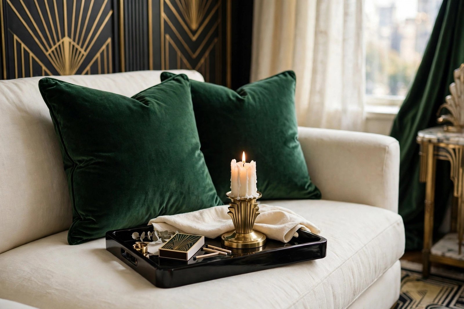 Emerald green velvet throw pillows and a black lacquered tray arranged on a cream sofa, luxurious art deco textures