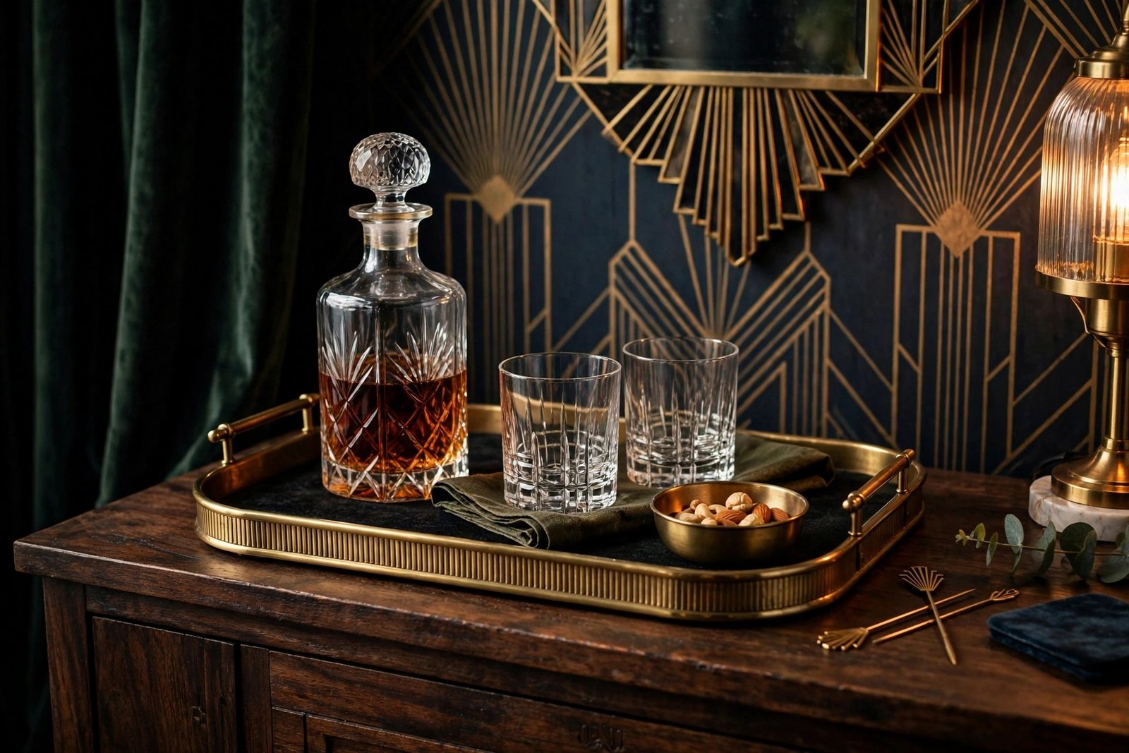 Styled brass bar tray with glass decanter and tumblers on a dark sideboard, art deco bar vignette
