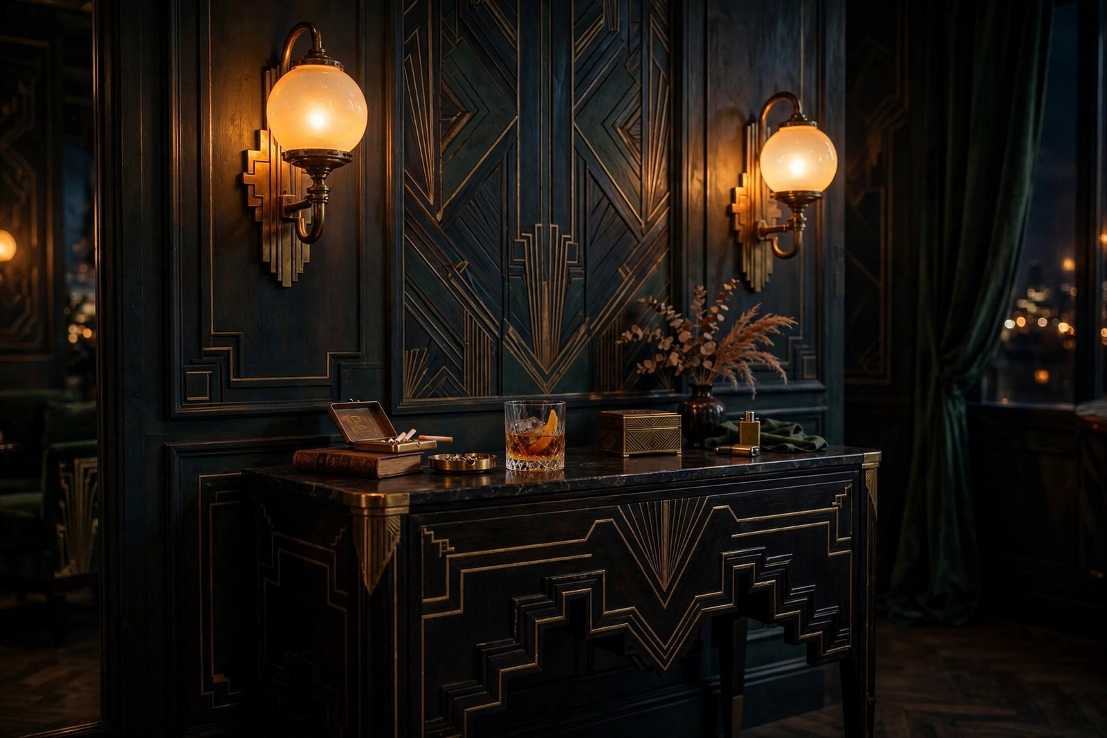 Warm glowing globe wall sconces flanking a dark art deco console table in the evening, moody lounge lighting
