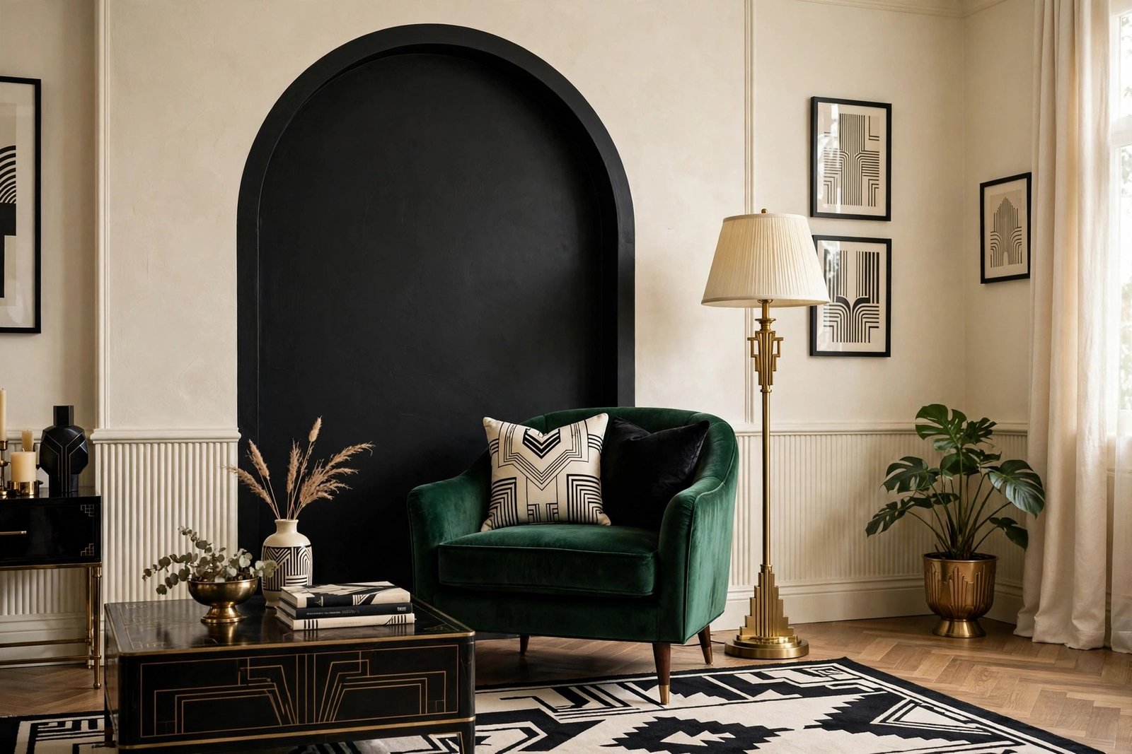 Cream living room wall with a bold black painted arch, emerald velvet armchair, art deco color palette interior