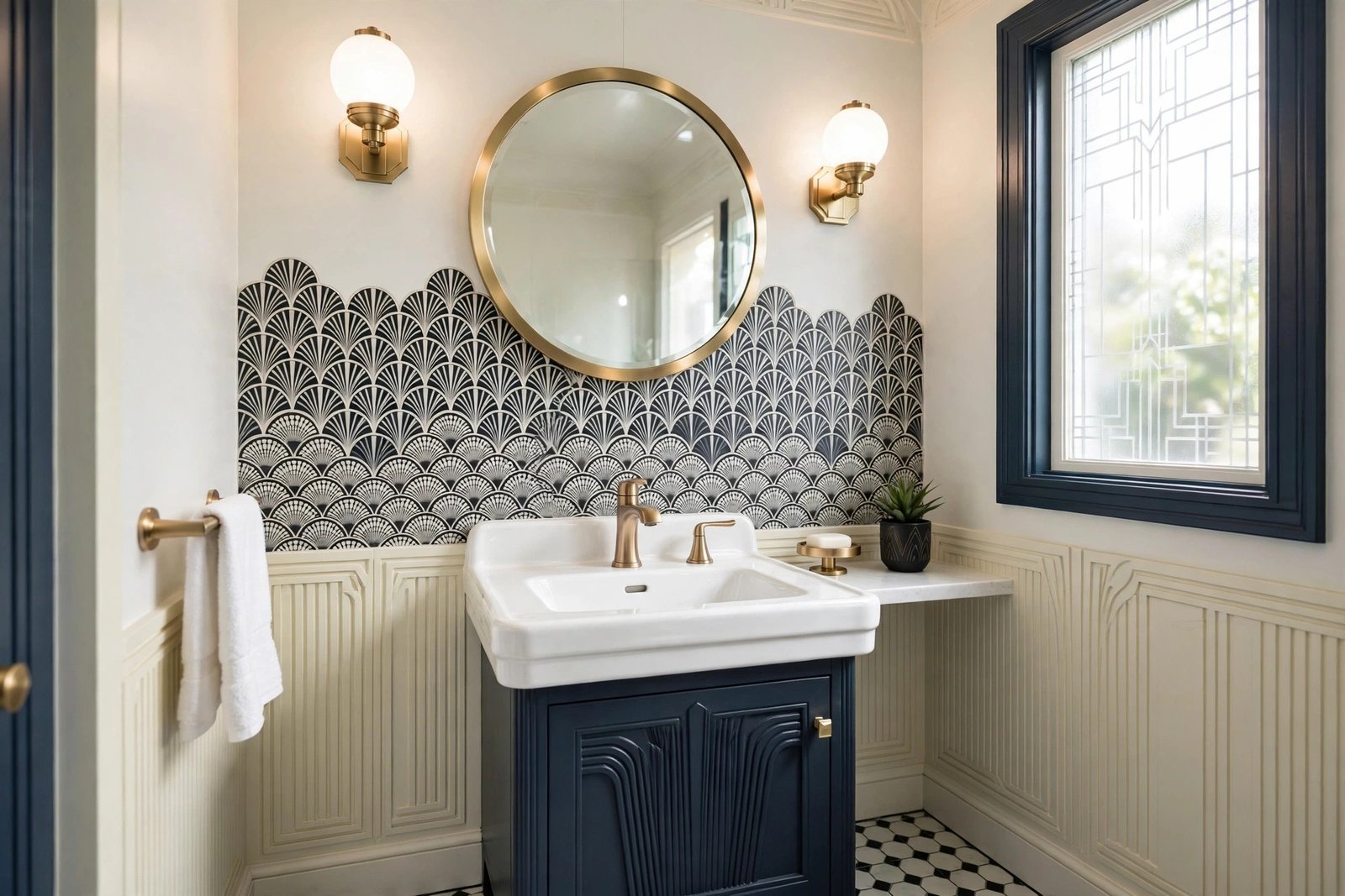 Elegant bathroom with brass faucet, round brass-framed mirror and geometric deco tile backsplash, art deco bathroom
