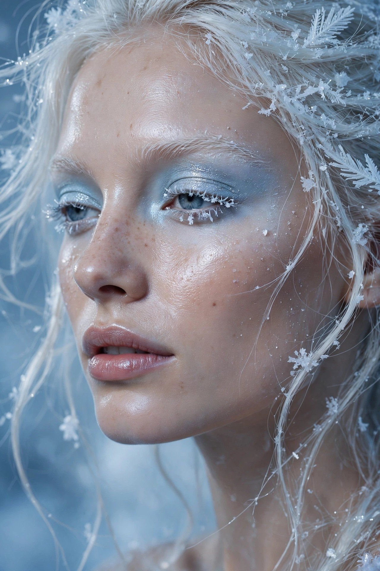 Model wearing frosted silver eyeshadow and pastel-blue lids in the Arctic Frost makeup trend