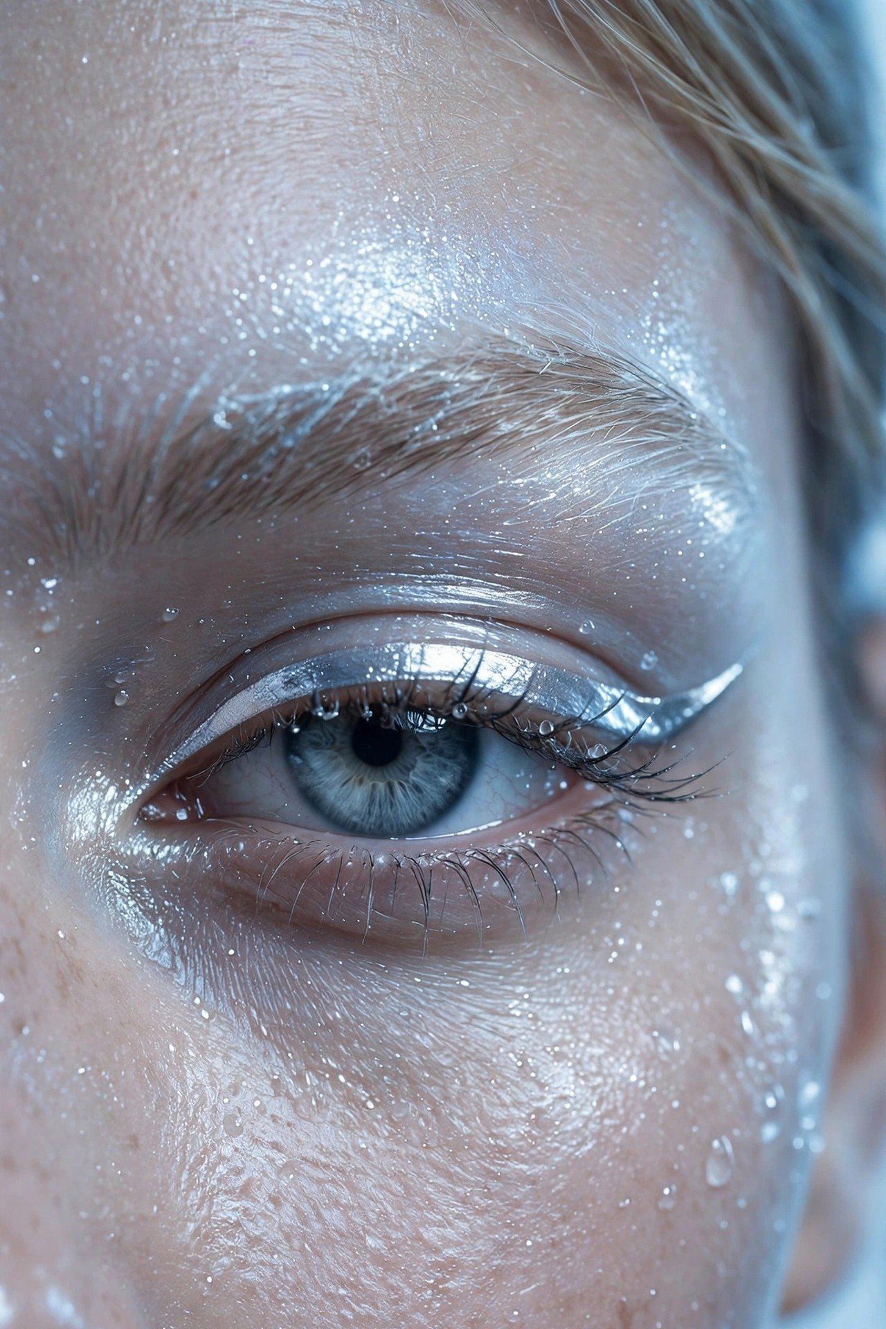 Close-up of a sharp metallic silver eyeliner wing with frosty brow-bone highlight