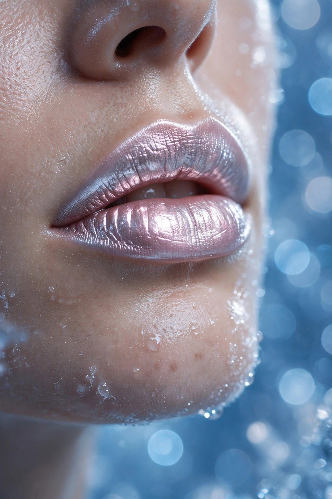 Metallic silver-pink chrome lips with a frosty sheen