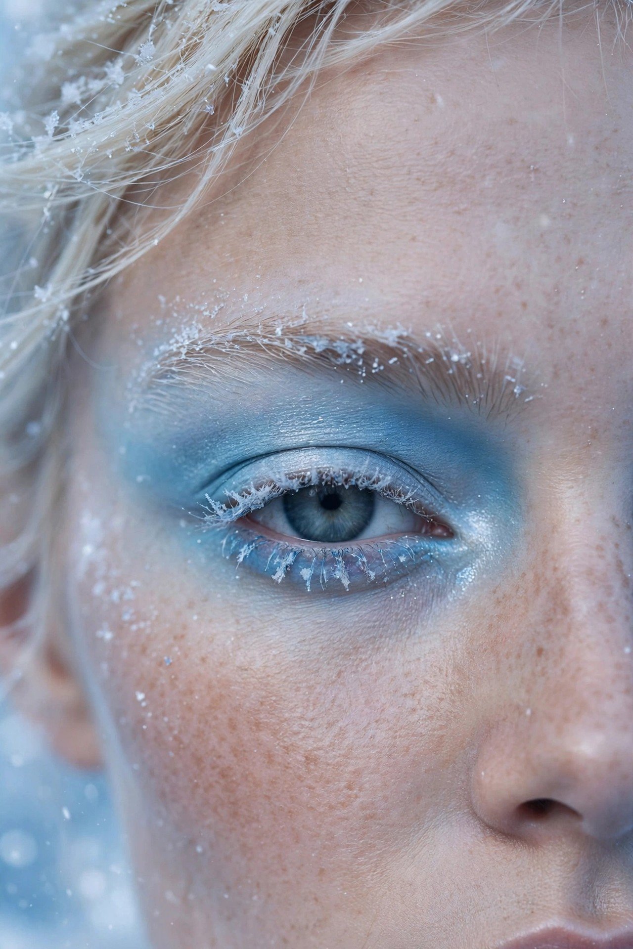 Soft pastel-blue eyeshadow blended up to the brow in an icy Arctic Frost eye look