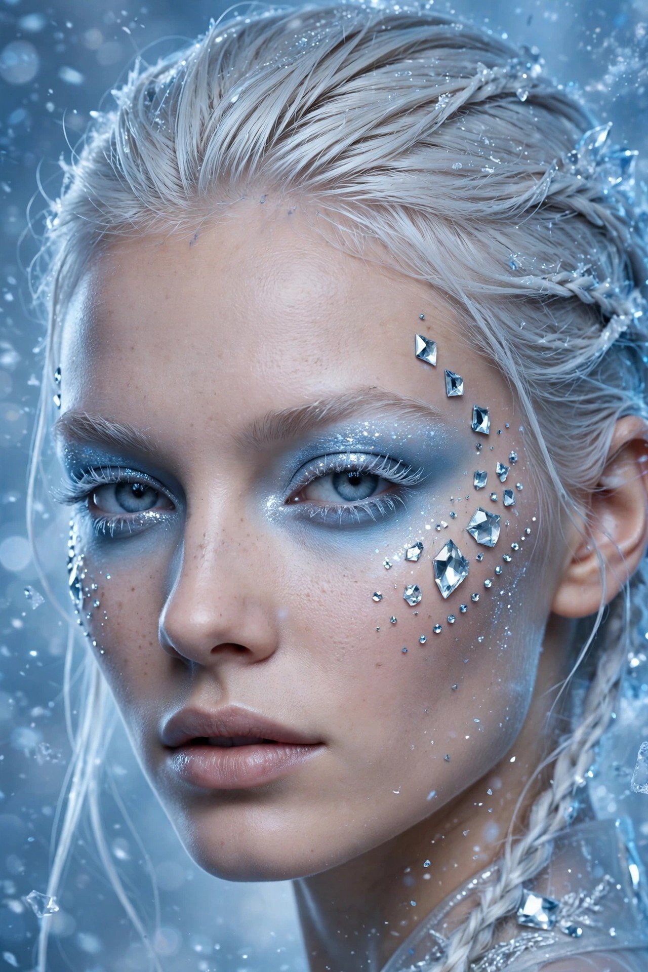 Crystal face gems dotted along cheekbones and temples in a futuristic frost makeup look
