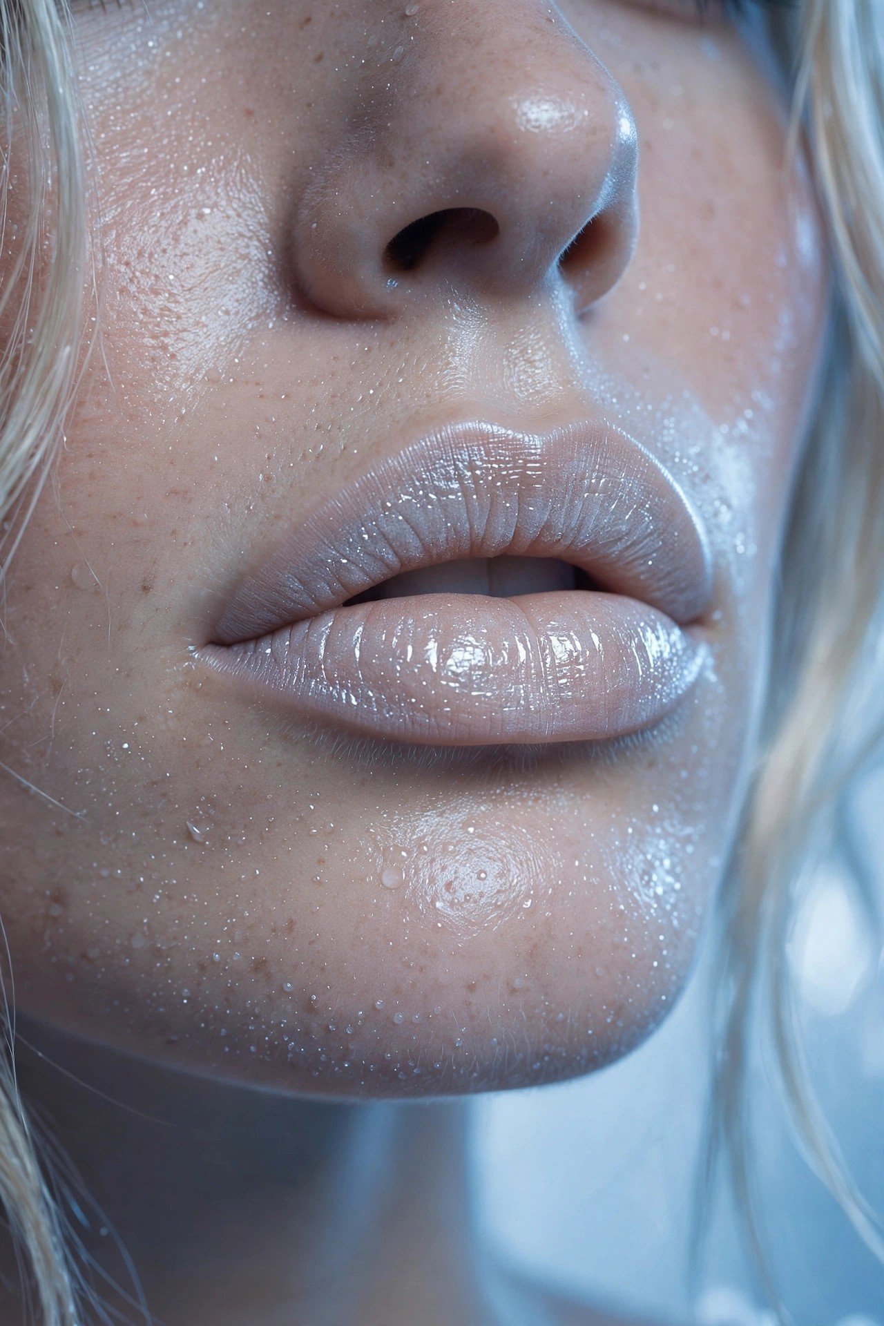 Frosted nude lips with icy gloss, a 2000s frosted-lip revival