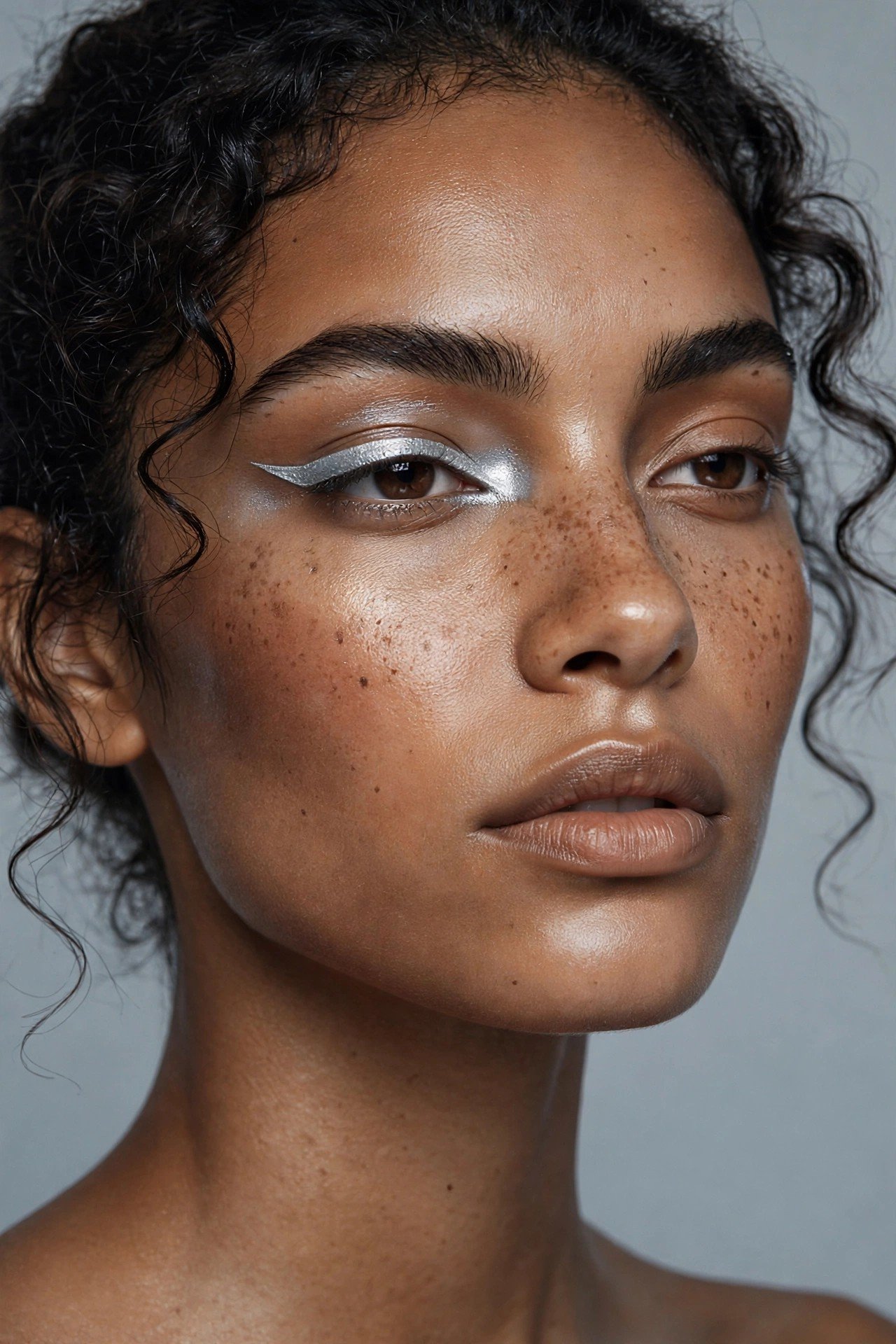 Warm glowy bronze skin paired with a single icy silver eyeliner accent — the one-accent rule