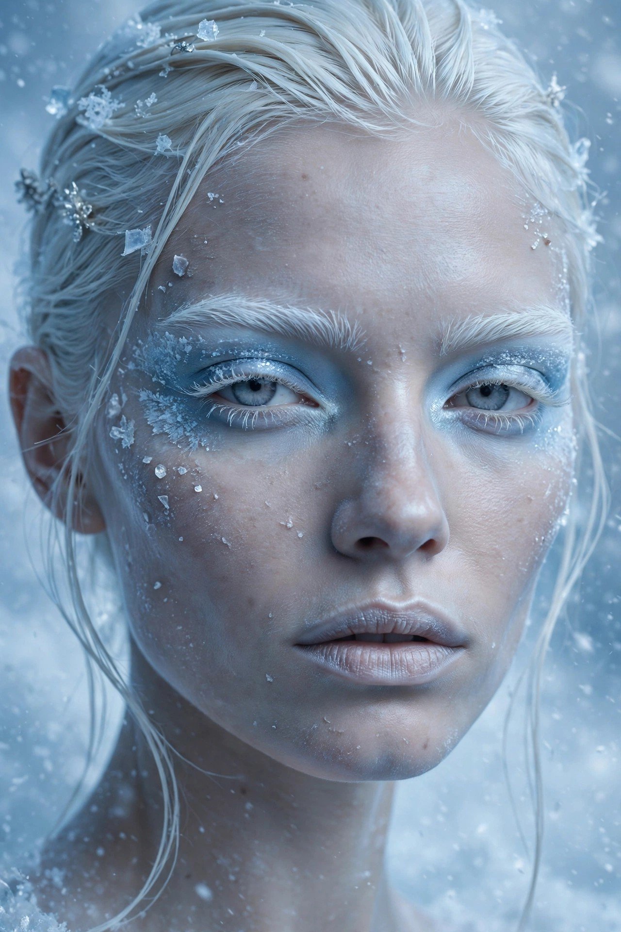 Bleached platinum brows paired with frosted icy eyeshadow