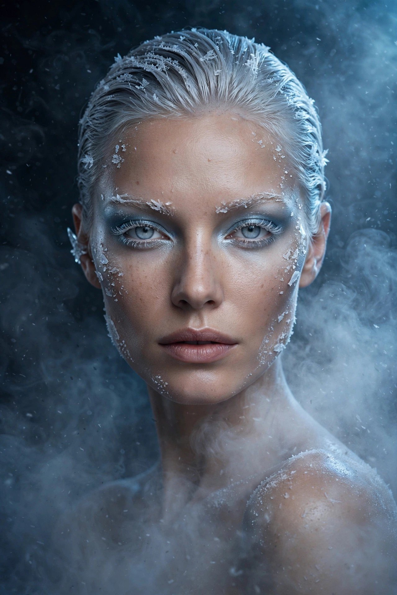 Full-face futuristic Arctic Frost makeup editorial in silver and ice blue