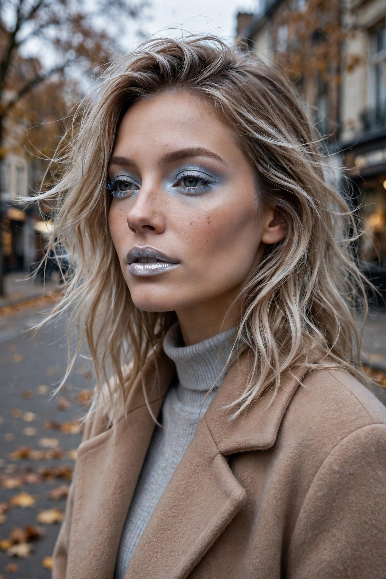 Wearable Arctic Frost look on a woman in a fall coat with subtle frosty eyes and silver gloss