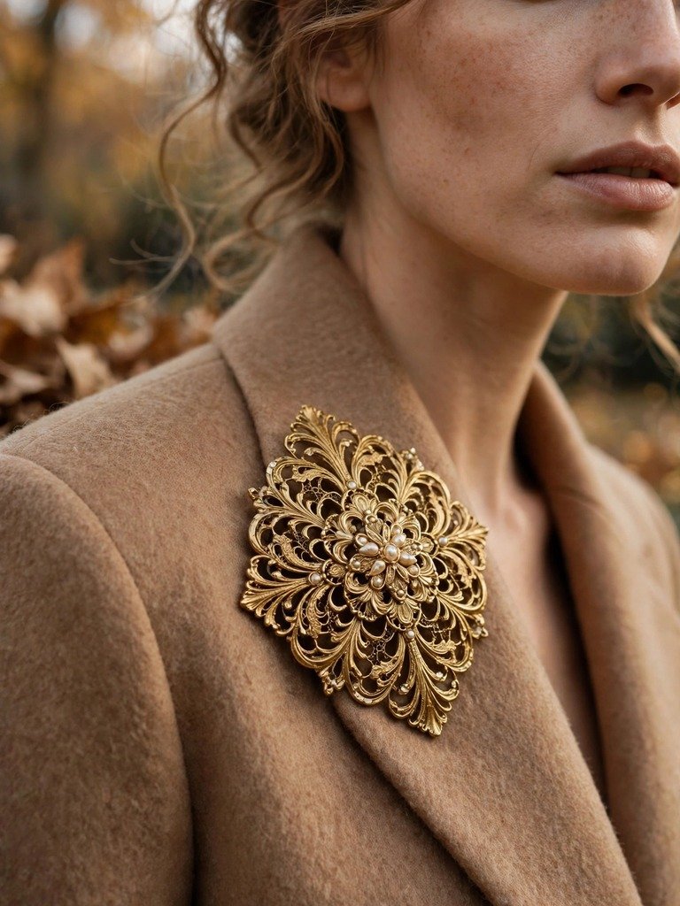 Vintage gold filigree brooch pinned on the lapel of a camel wool blazer