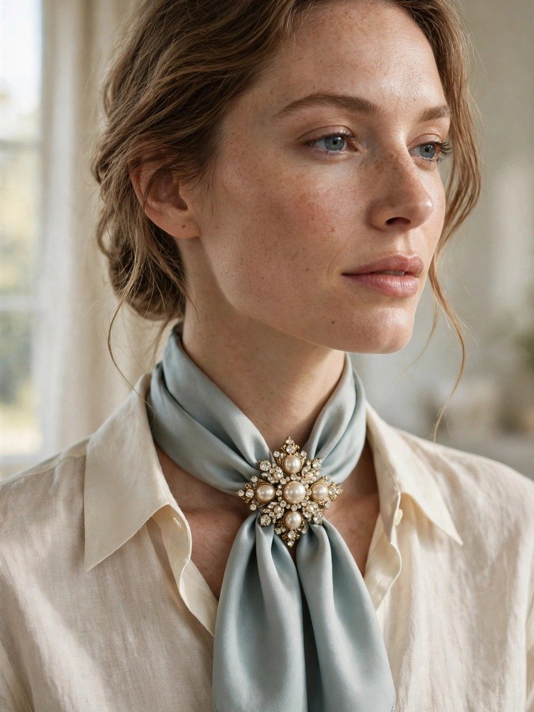 Pearl and crystal vintage brooch fastening a silk scarf knot at the neck