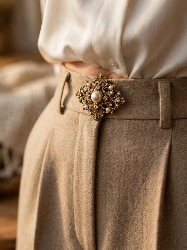 Vintage brooch cinching the waistband of high-waisted trousers over a tucked blouse