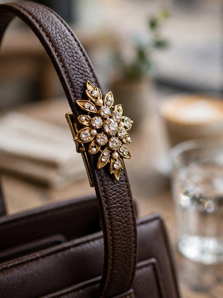 Vintage rhinestone brooch clipped onto the leather strap of a structured handbag