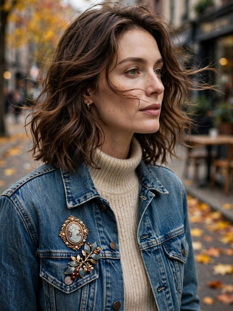 Cluster of two vintage brooches pinned near the chest pocket of a denim jacket