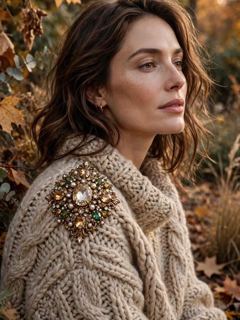 Oversized vintage jeweled brooch pinned at the shoulder of a chunky knit sweater