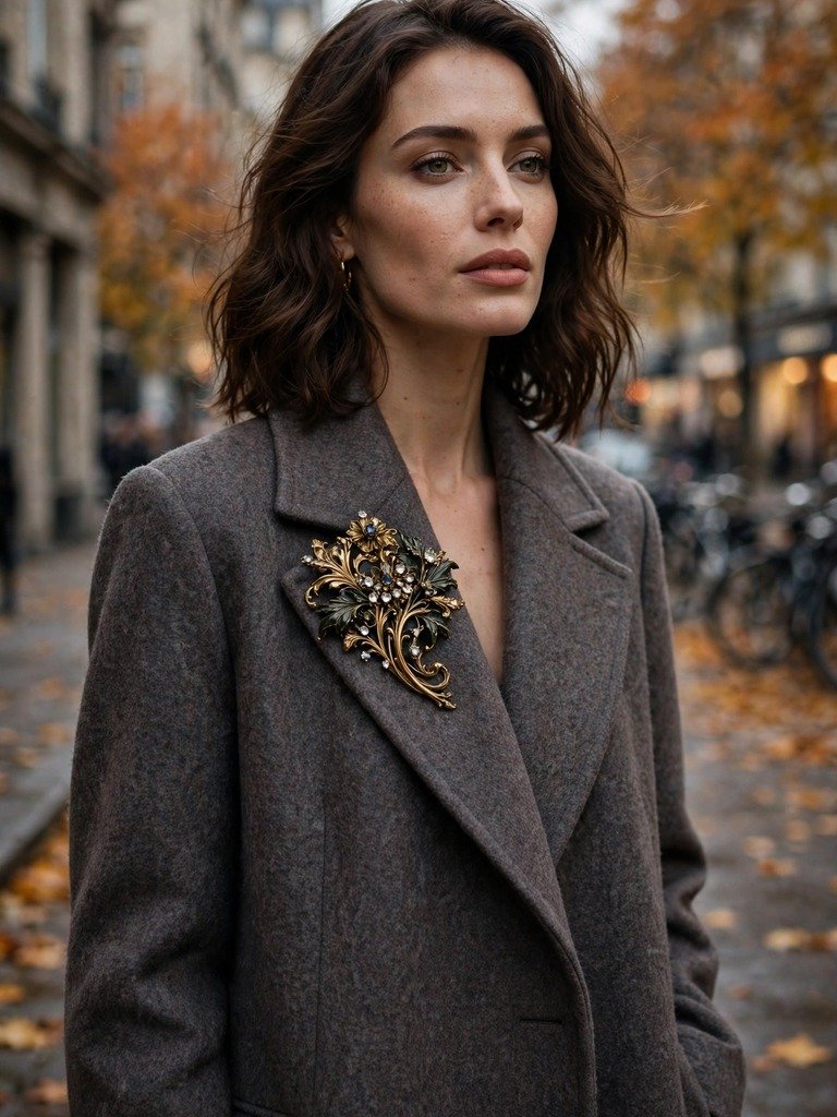 Dramatic vintage statement brooch worn at the chest of a long wool coat