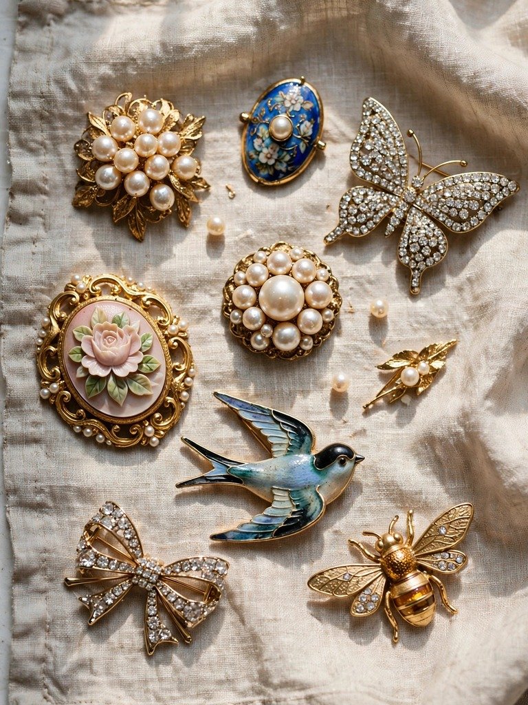Flat lay of a thrifted vintage brooch collection on linen fabric in gold pearl enamel and rhinestone