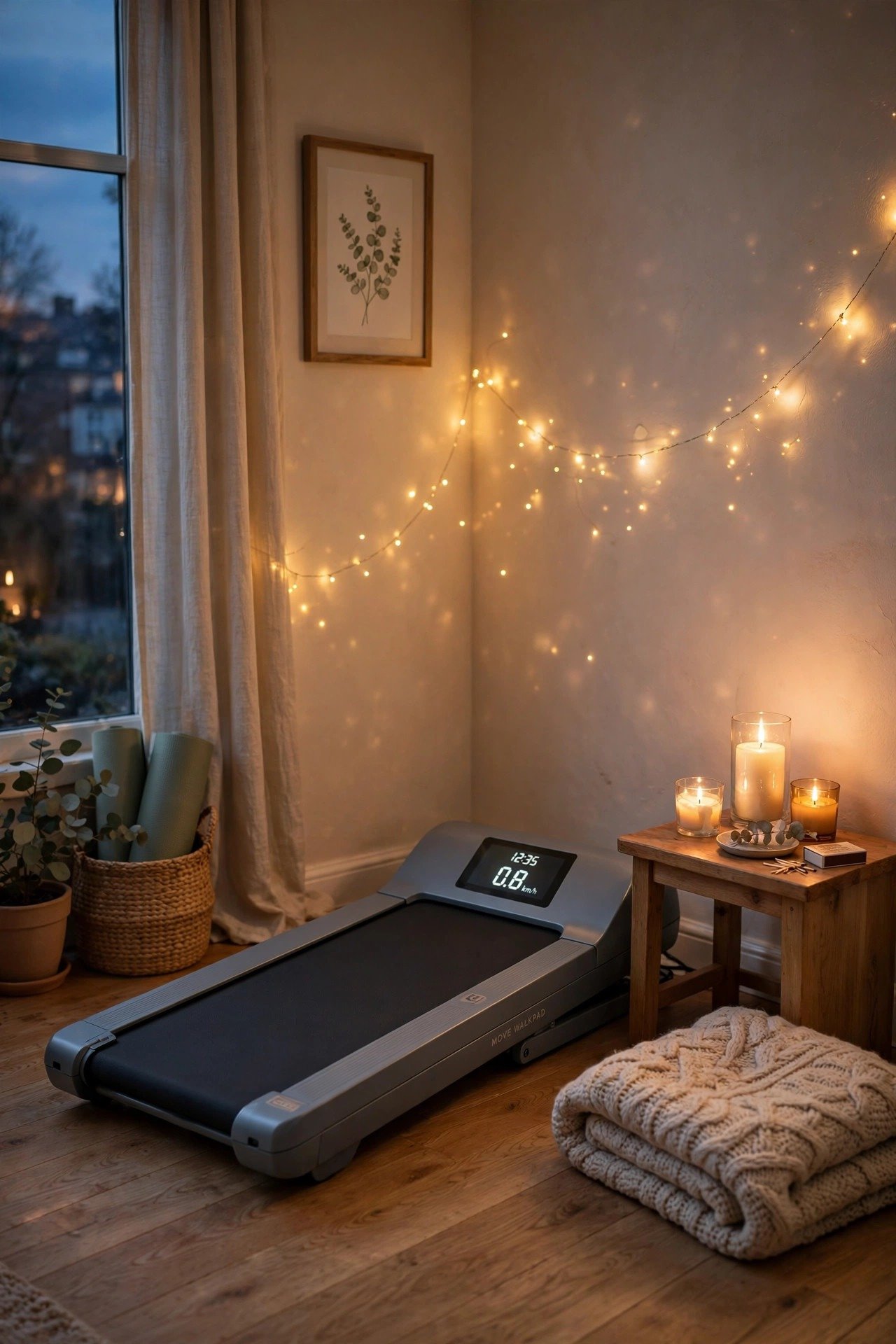 Compact walking pad in a warm living room corner with fairy lights and lit candles at dusk