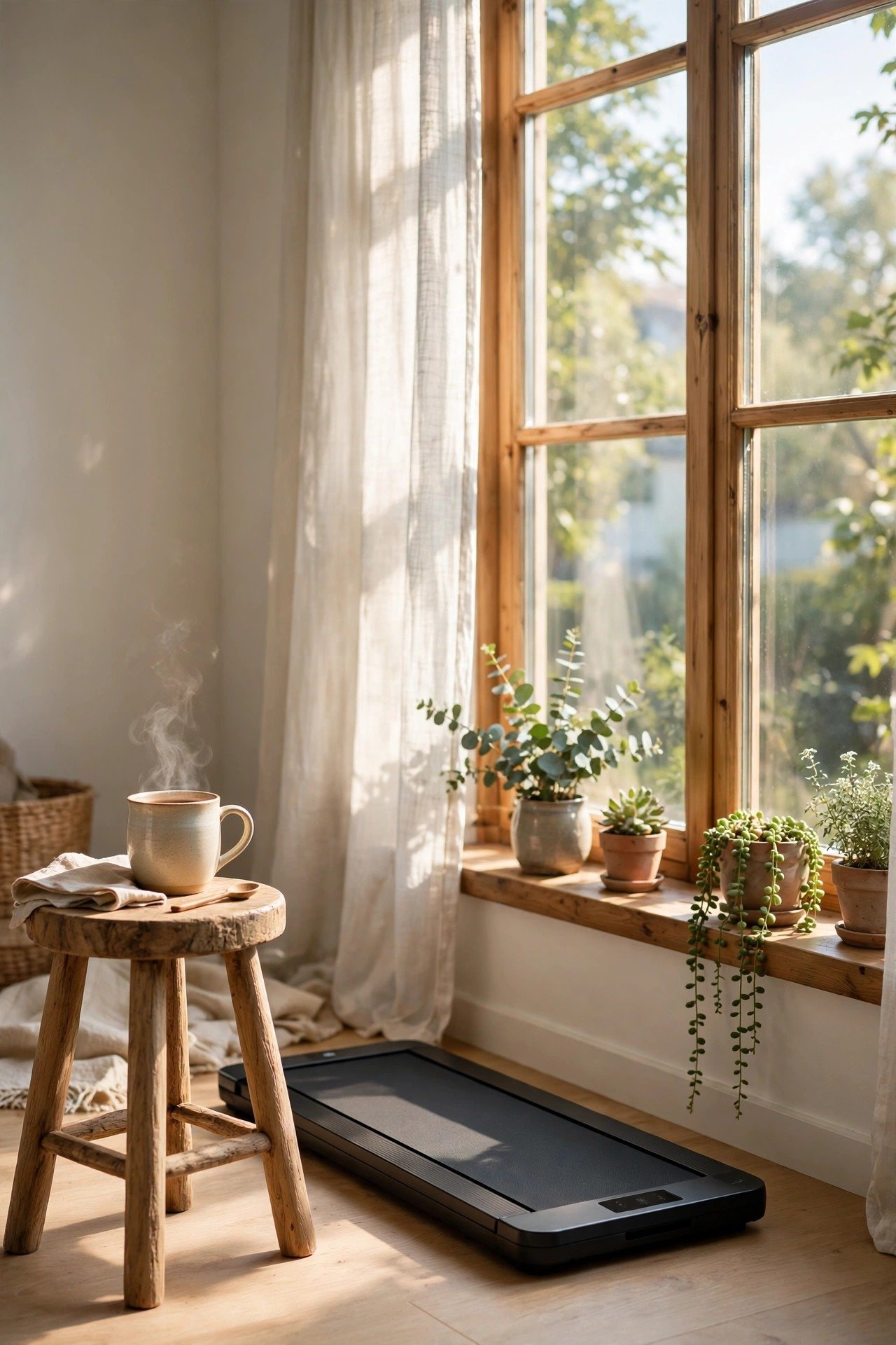 Cozy morning walking pad setup by a sunlit window with a steaming coffee mug on a wooden stool