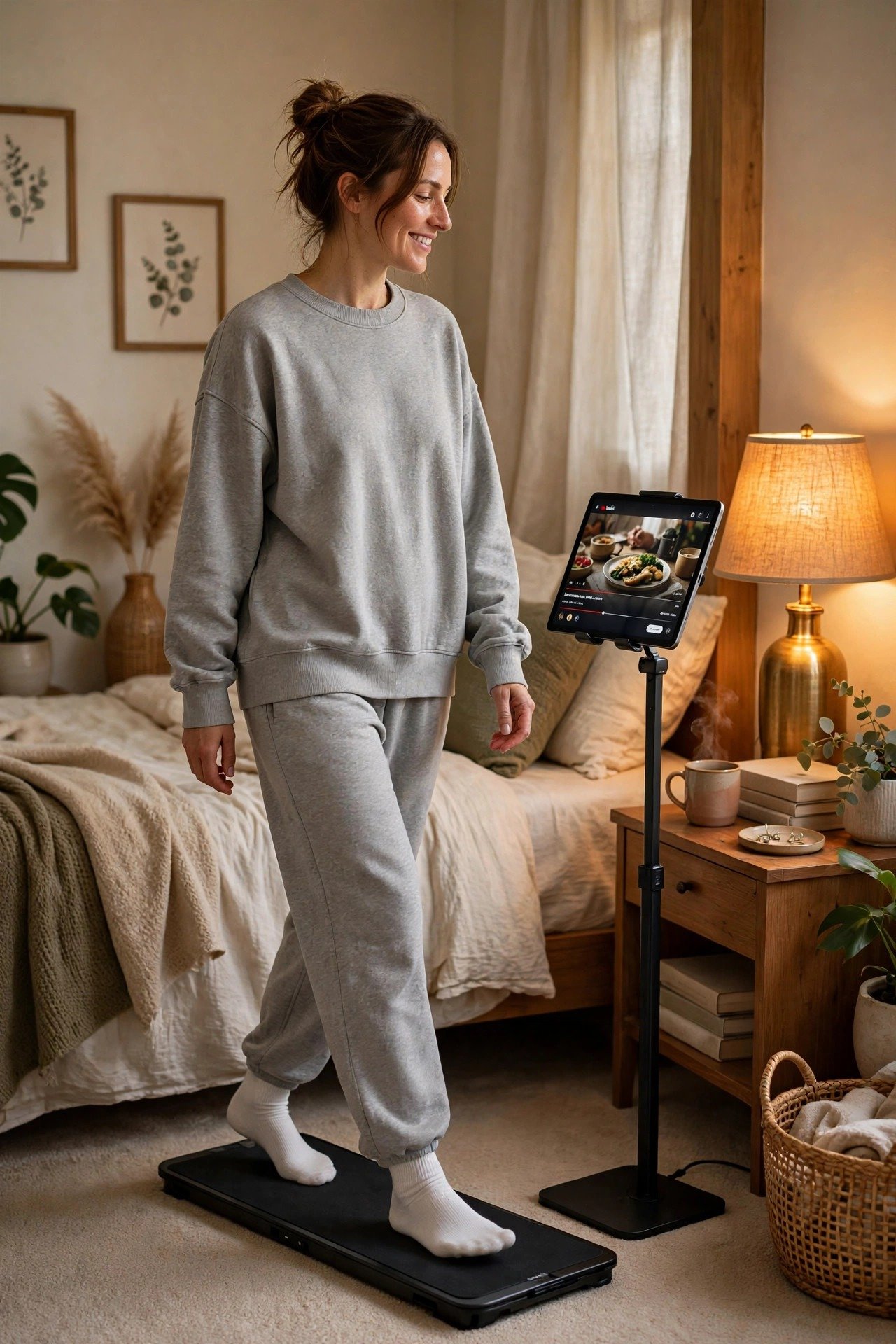 Woman in oversized loungewear walking on a slim walking pad while watching a tablet in a cozy bedroom corner