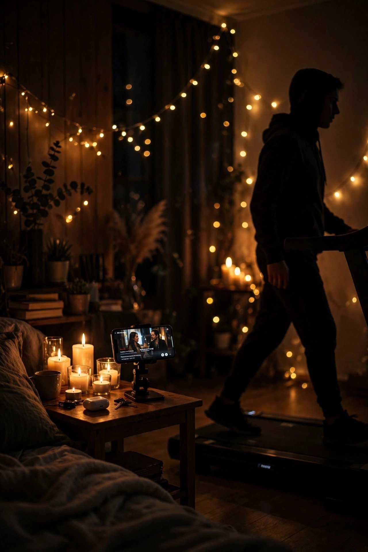 Evening cozy cardio session in a dim room lit by fairy lights and candles with a show playing on a phone