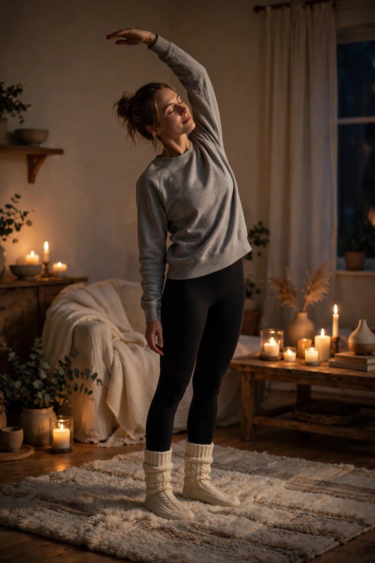 Gentle cool-down stretch on a rug in a candlelit room after a cozy cardio session