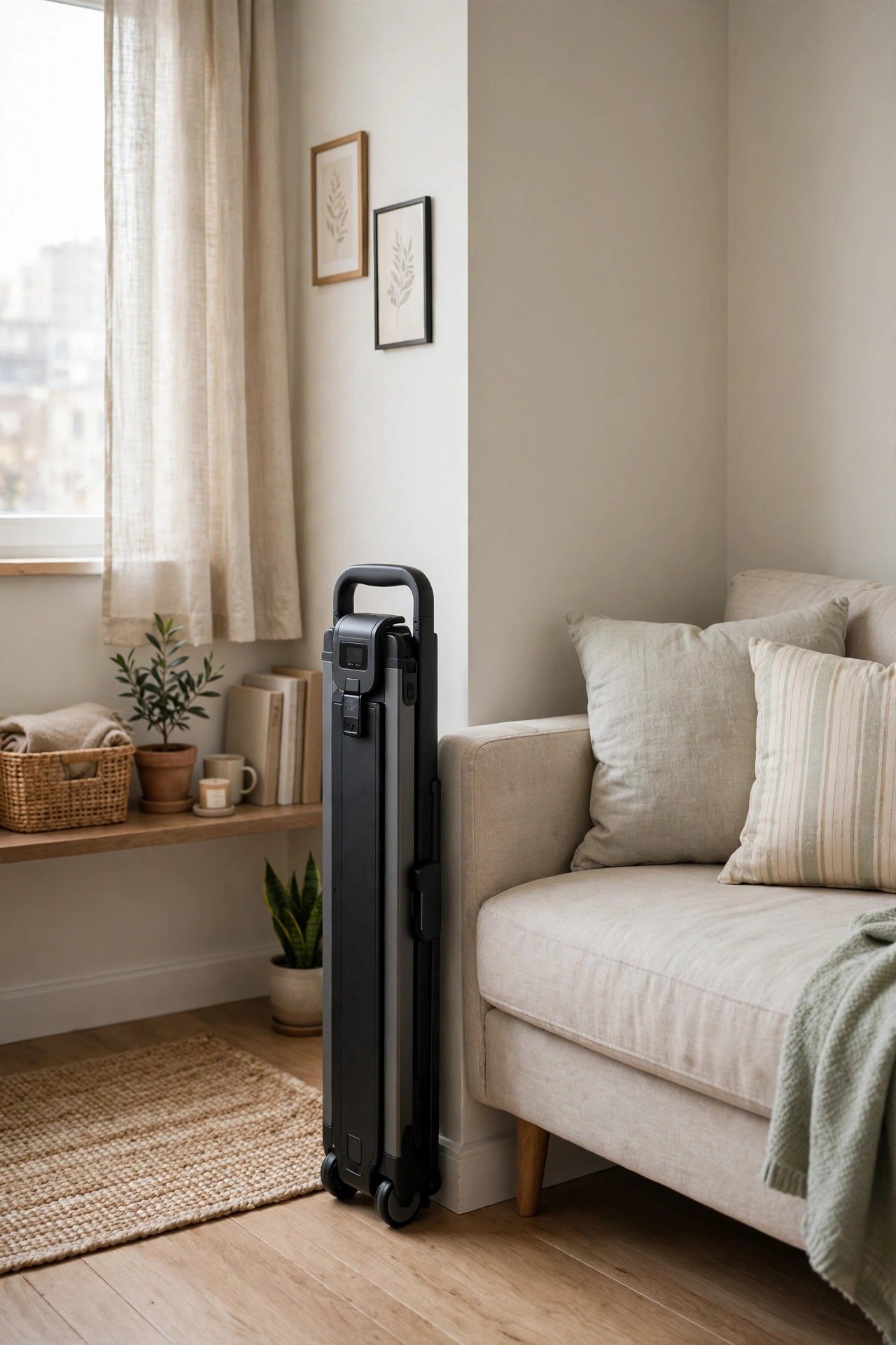 Slim walking pad folded upright and tucked beside a sofa in a small apartment living room