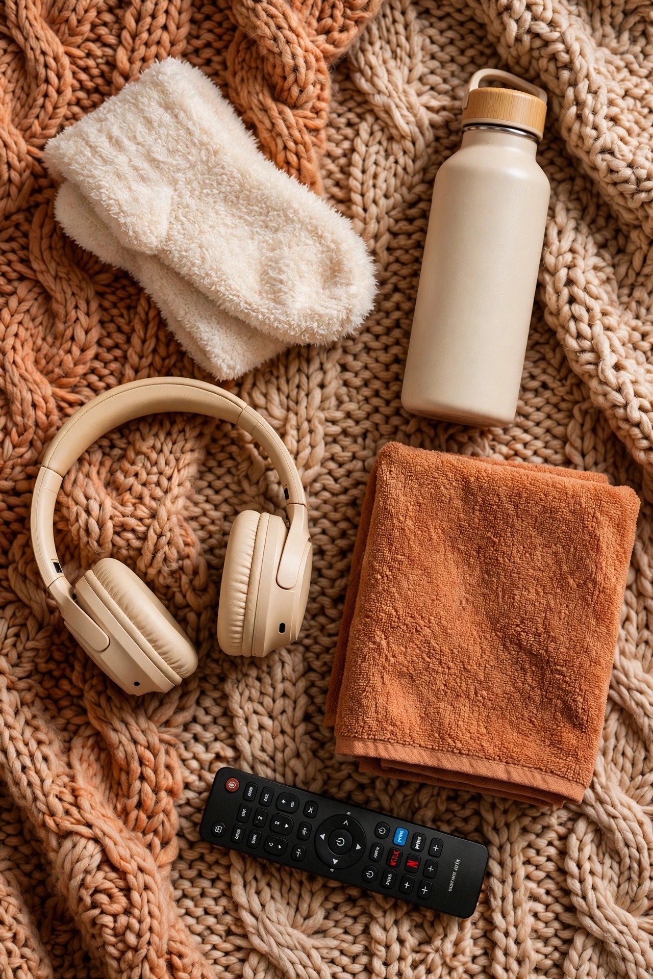 Flat-lay of fluffy socks, wireless headphones, water bottle, towel and remote on a cozy rug