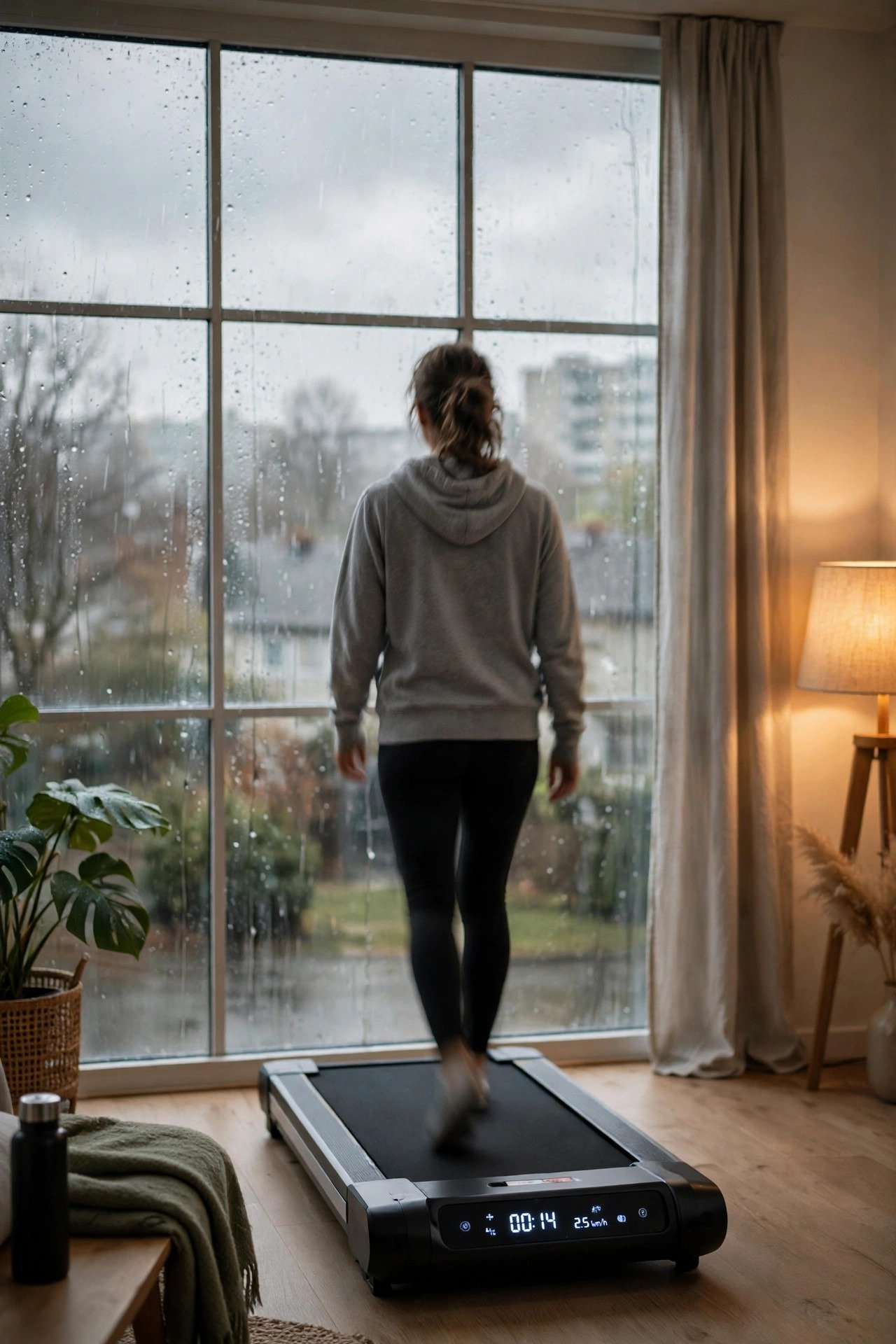 Walking pad in front of a rain-streaked window with warm lamp glow inside the room
