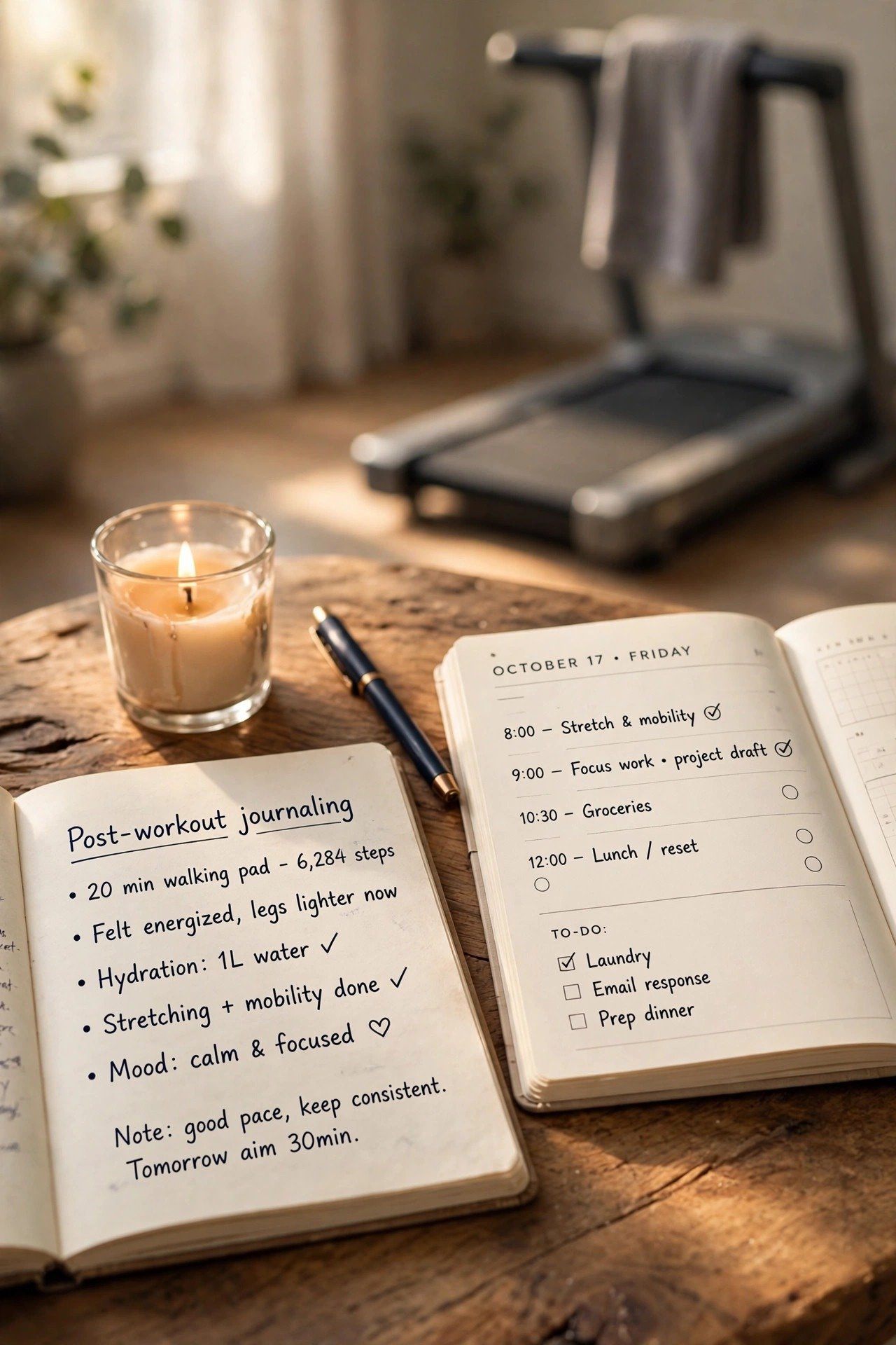 Open journal and planner on a wooden desk with a lit candle and walking pad in the background