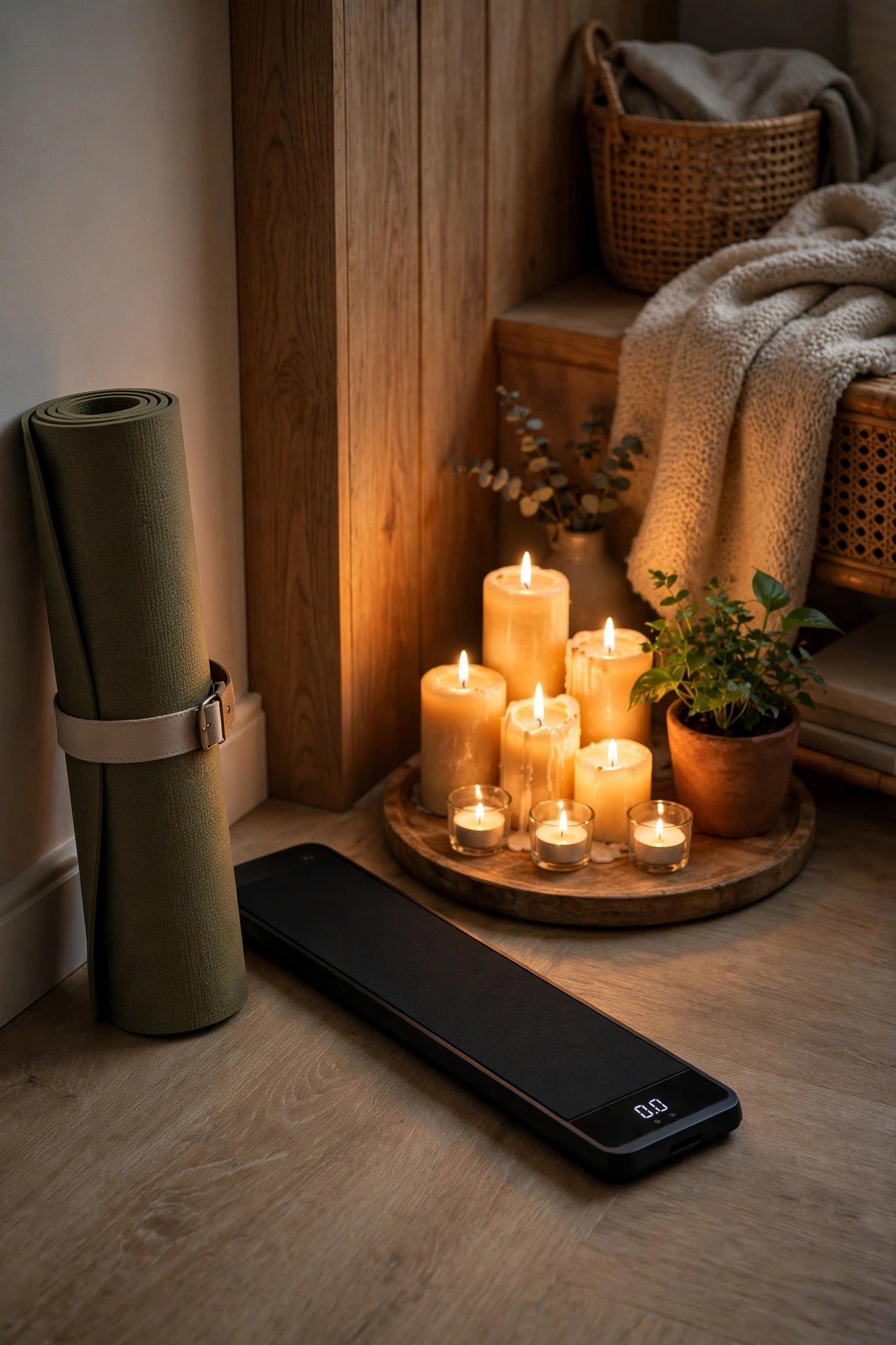 Calm candle-lit corner with a rolled yoga mat, walking pad, candles and a small plant