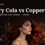 Cinematic beauty editorial: woman with flowing cherry cola red-brown hair, dark moody background, space at top for title text