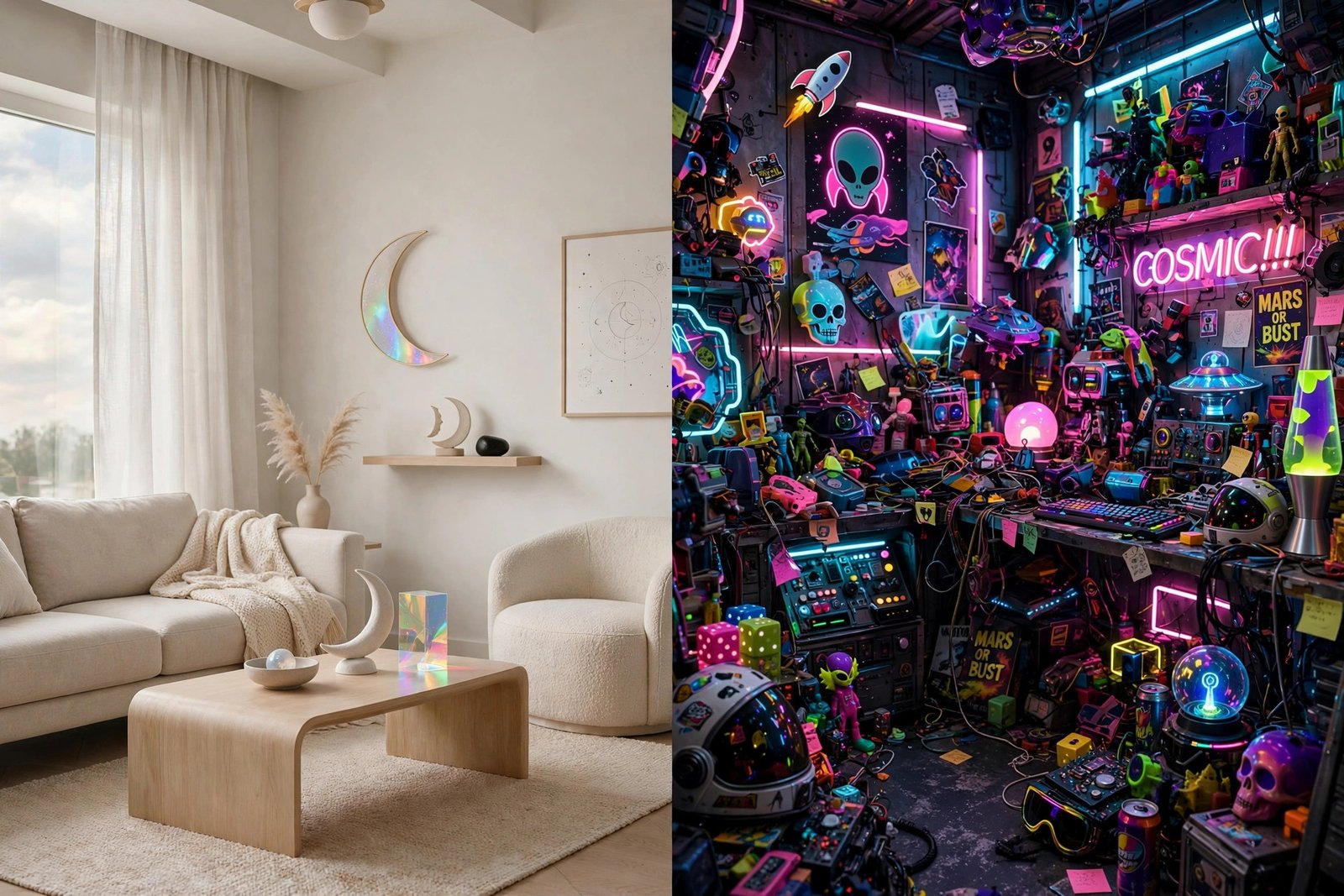 Overdone cosmic bedroom with galaxy bedding, star decals, and neon lights on every wall