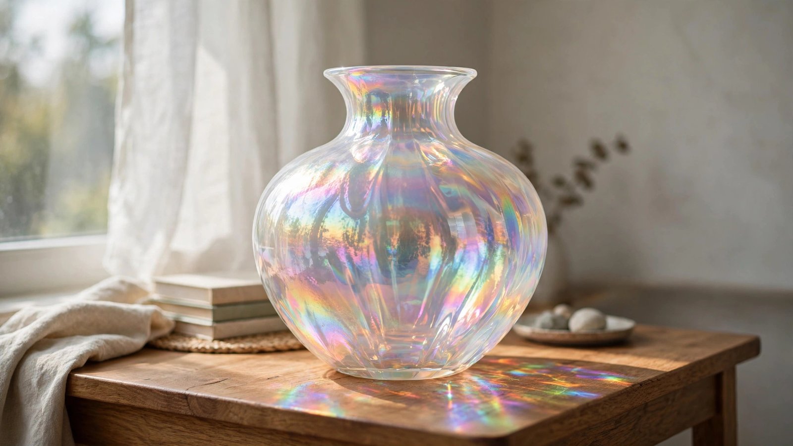Opalescent glass vase shifting between pink, blue, and green tones on a console table