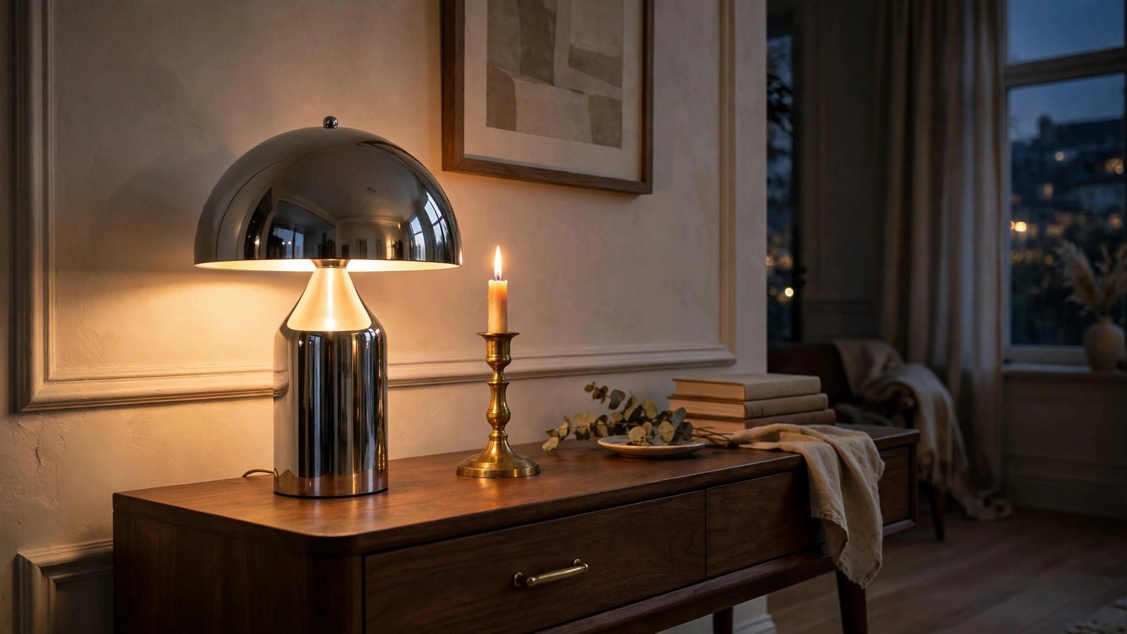 Polished chrome lamp base reflecting warm glow beside an iridescent glass object