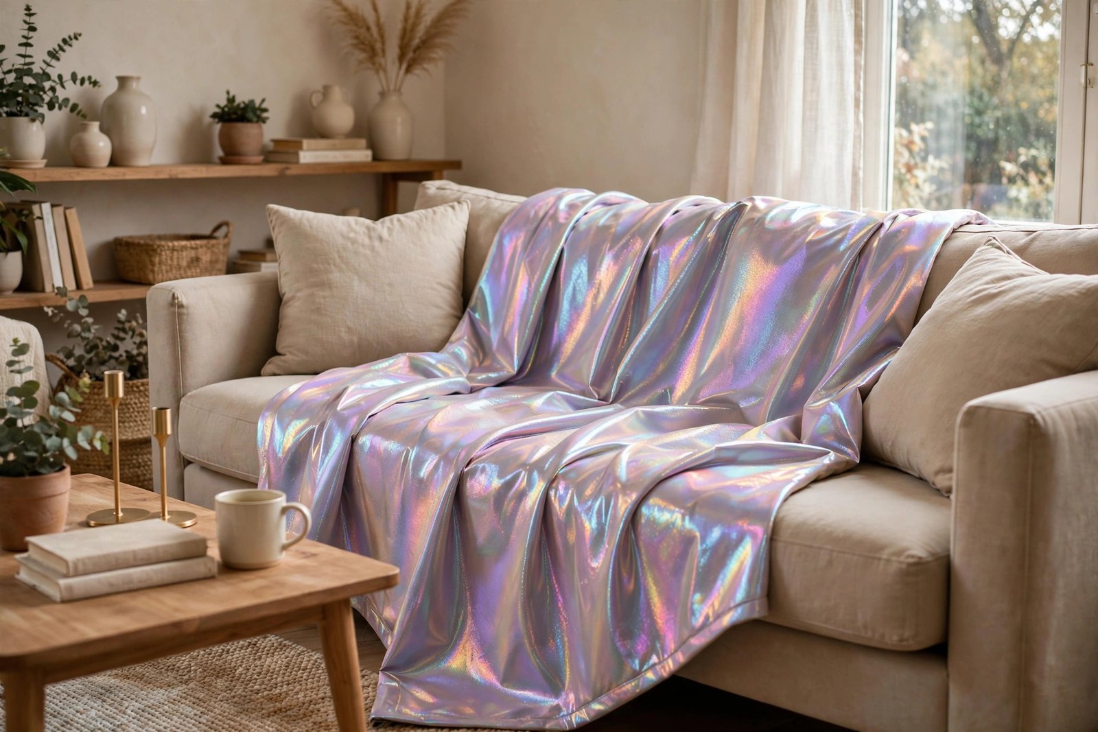 Iridescent color-shifting throw blanket draped over a neutral gray sofa arm