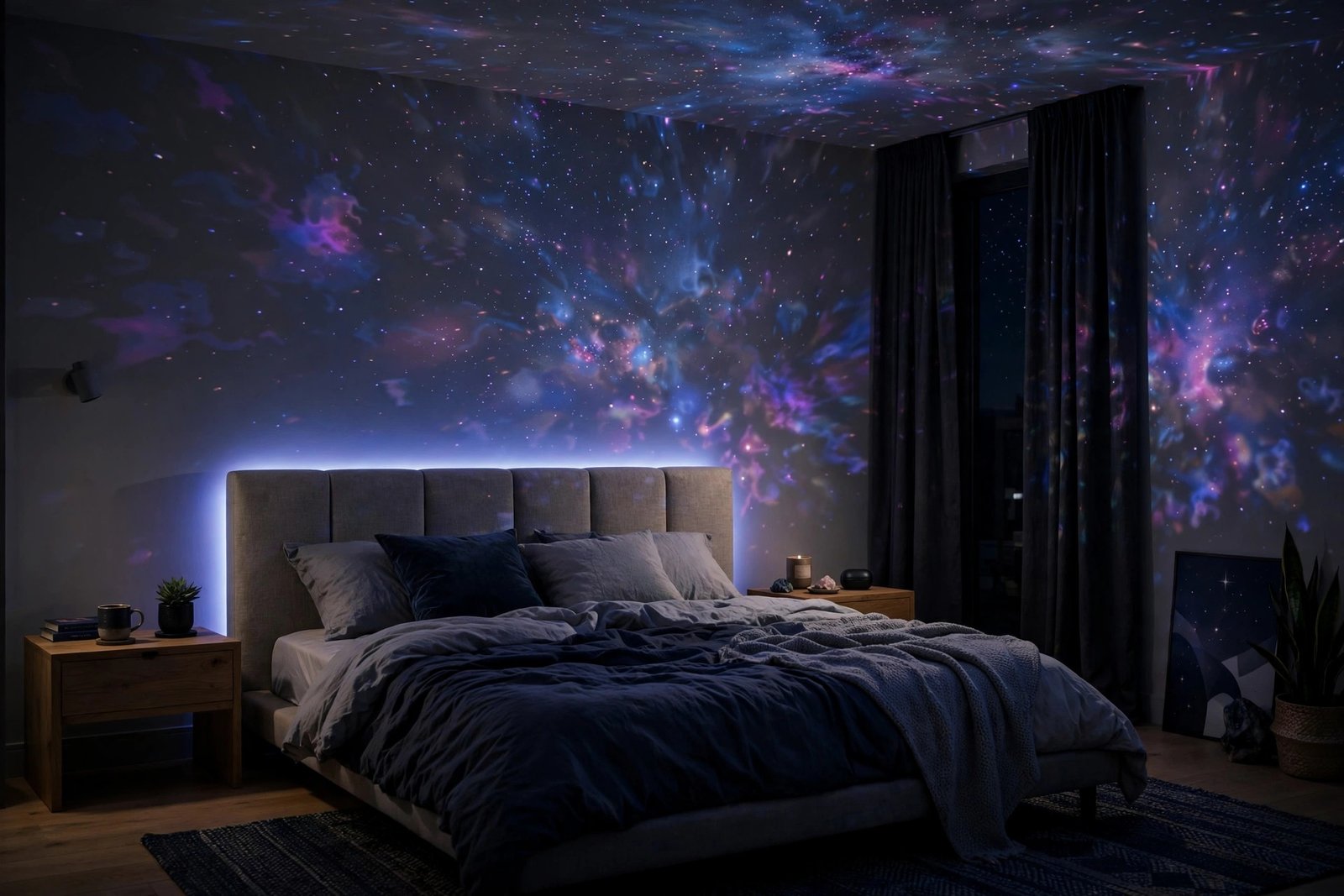 Galaxy star projector casting purple and teal nebula light across a bedroom ceiling