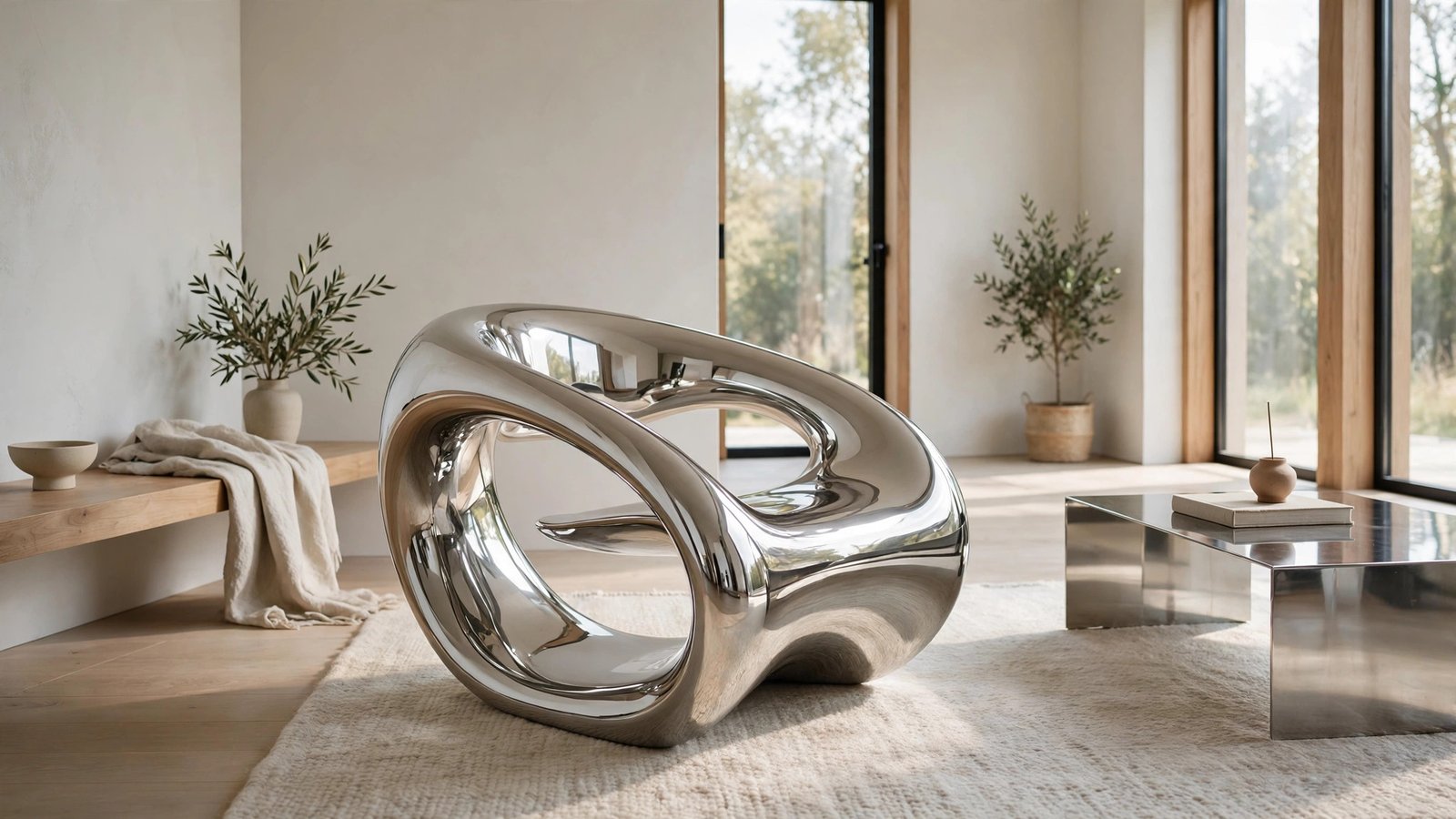 Curved sculptural accent chair with rounded organic silhouette in a modern living room