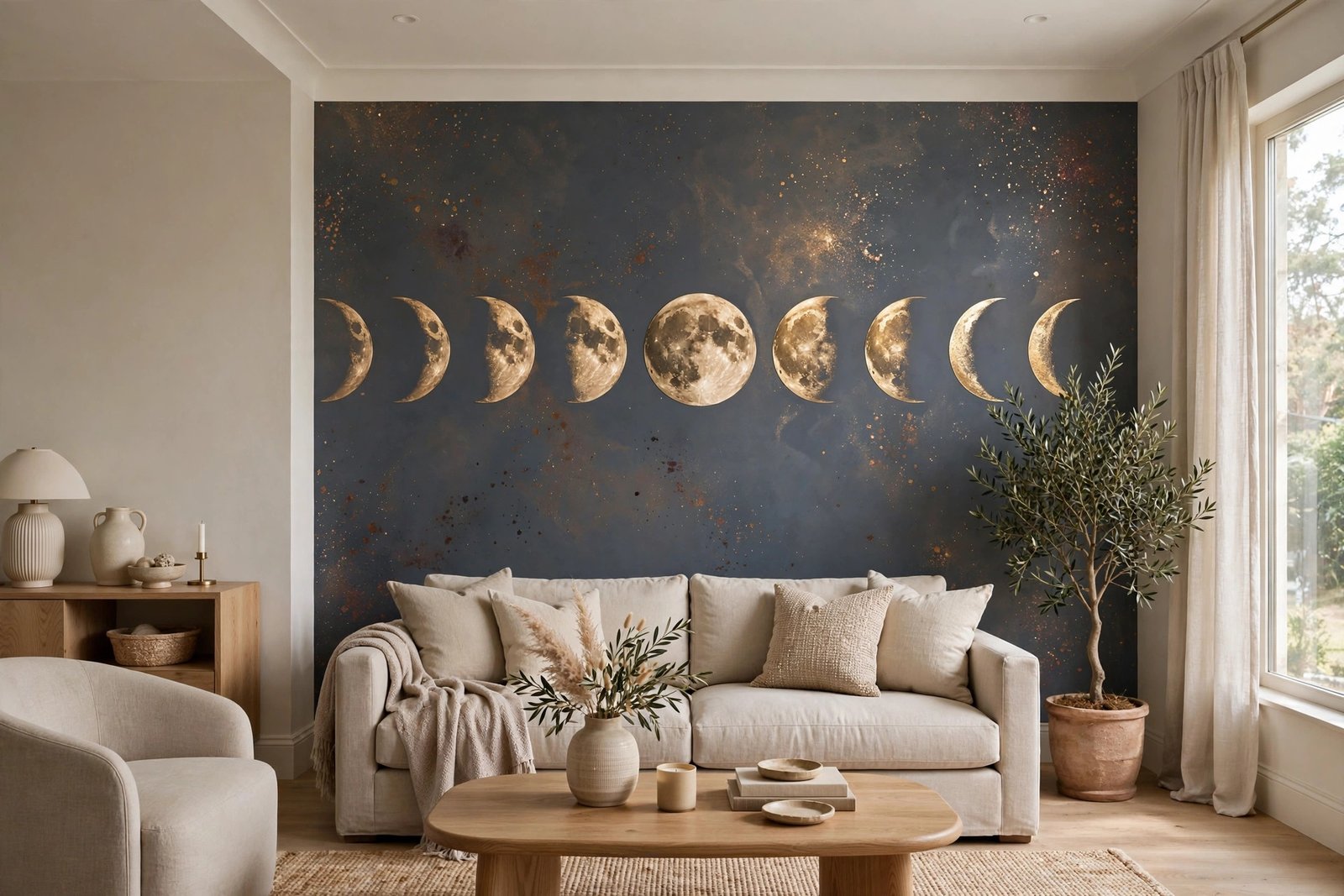 Single accent wall with shimmering metallic wallpaper behind a bed with dark bedding