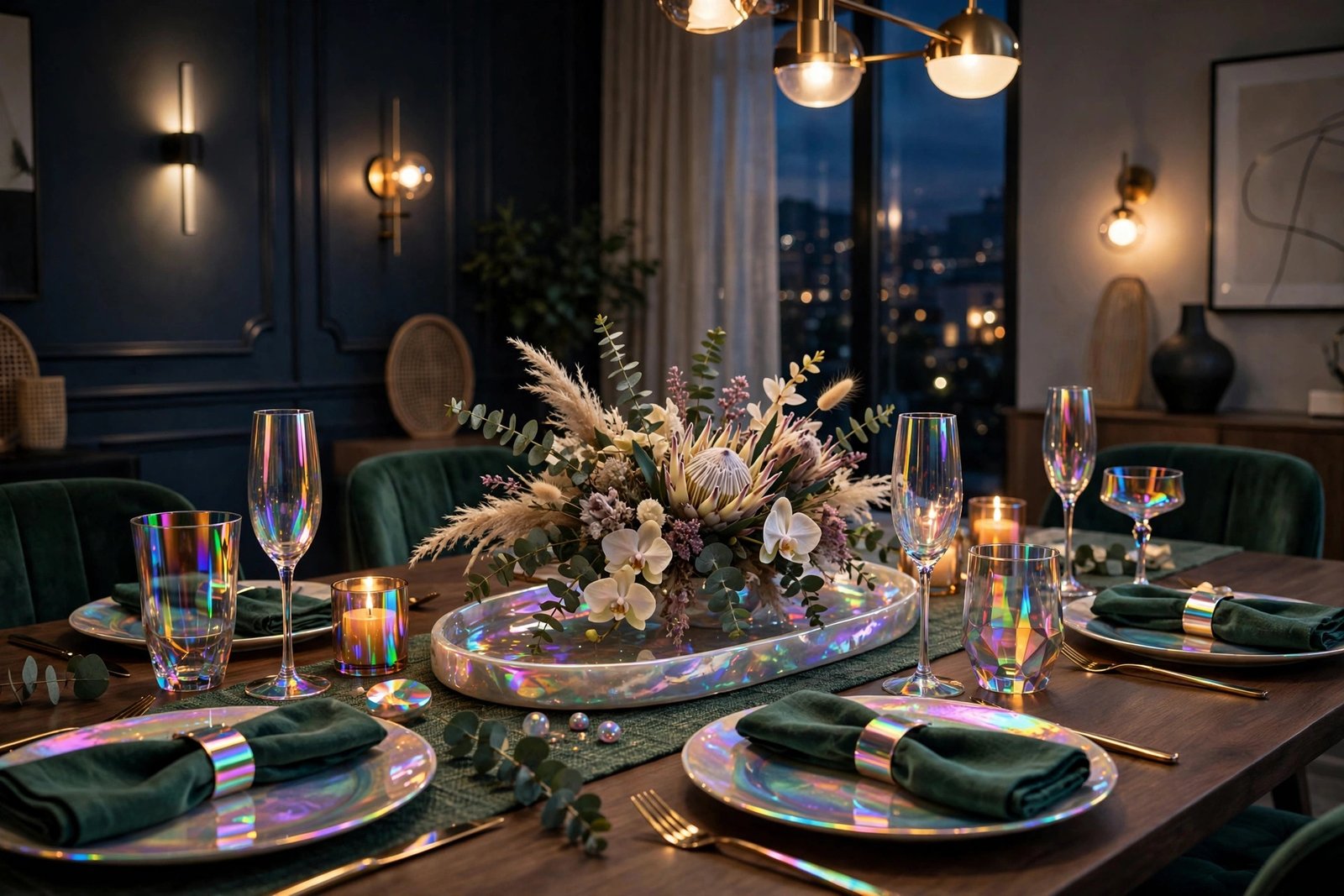 Holographic glassware and iridescent candle holders styled on a coffee table