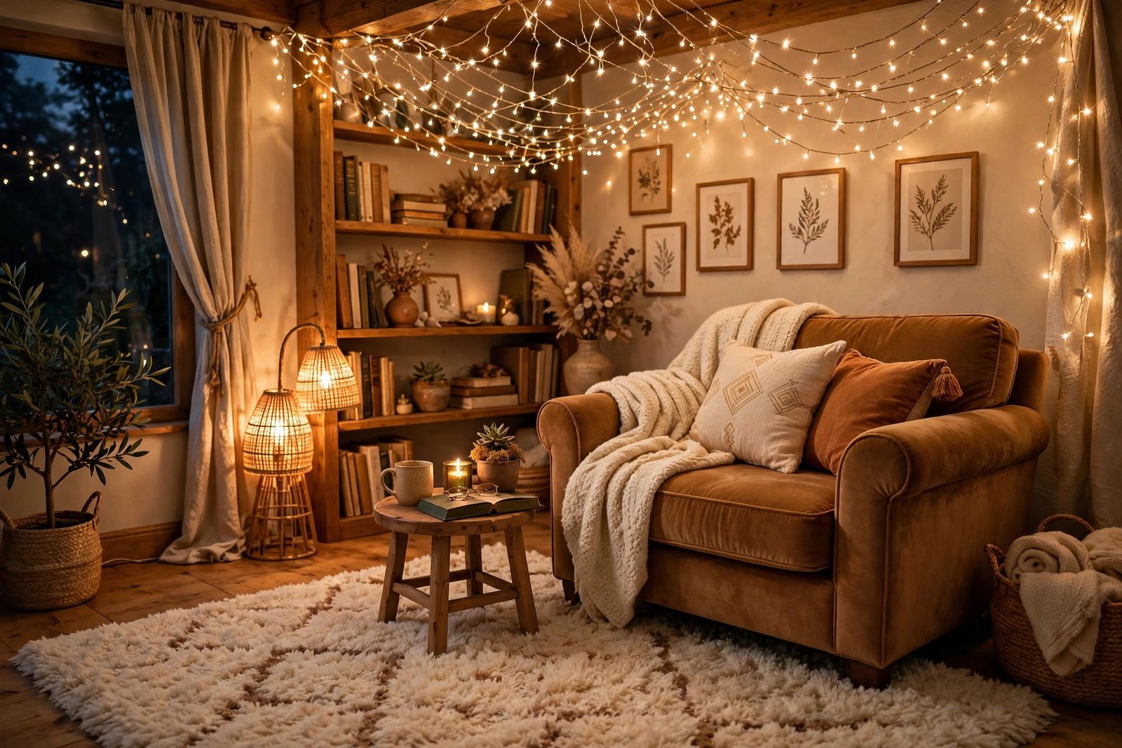 Cozy bedroom corner with starlight projector glow, iridescent cushions, and soft bedding