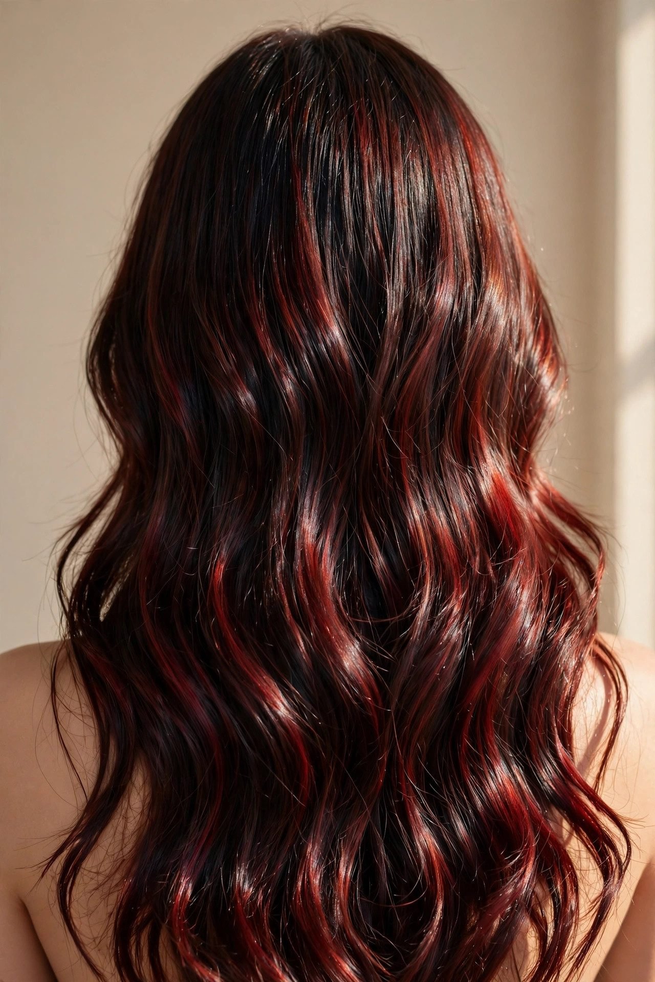 Back view of long glossy cherry cola hair, deep brunette with dark-cherry red dimension in soft waves