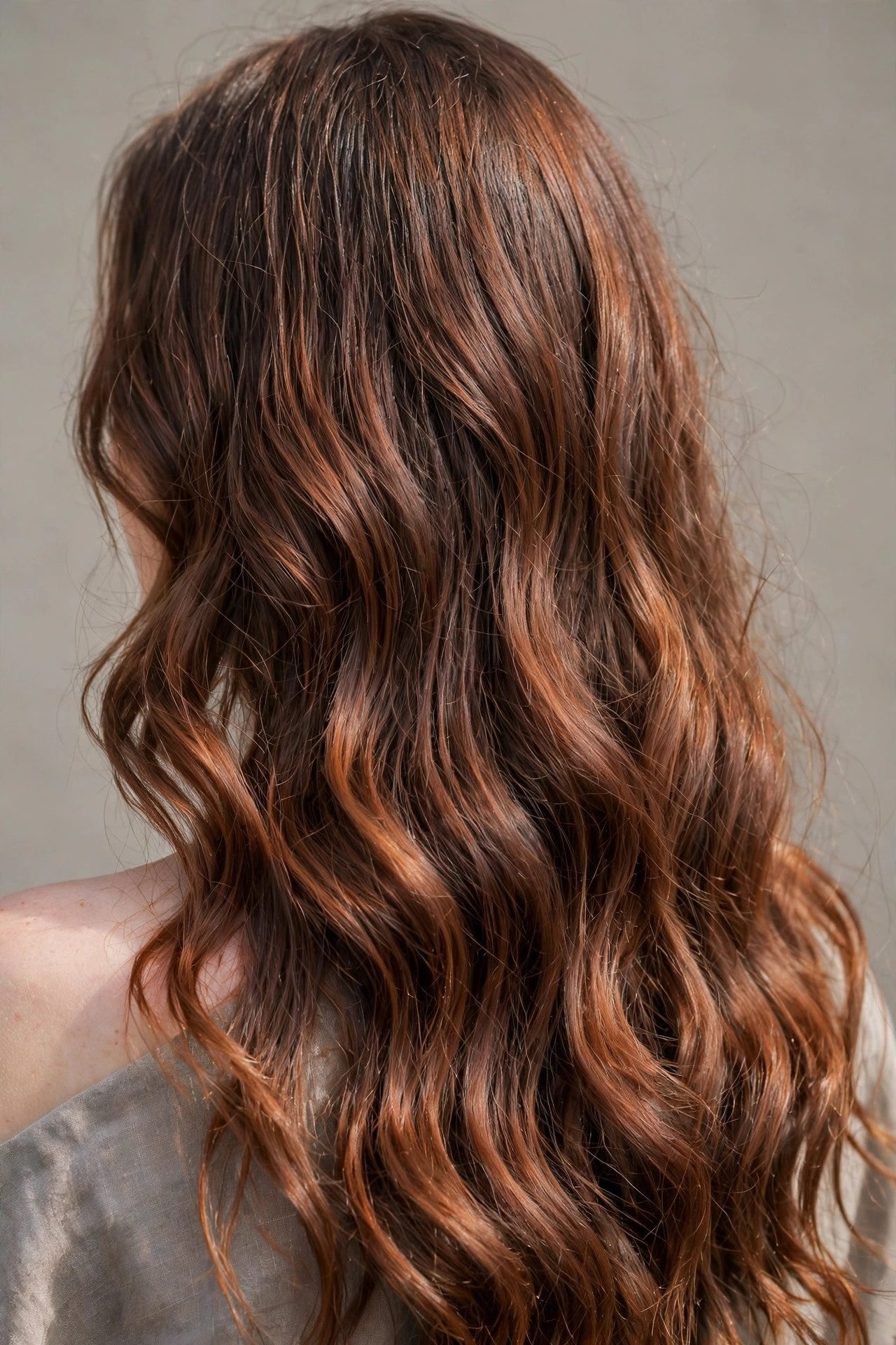 Back view of long wavy oxidized copper hair, muted burnt-orange with brown undertones in daylight